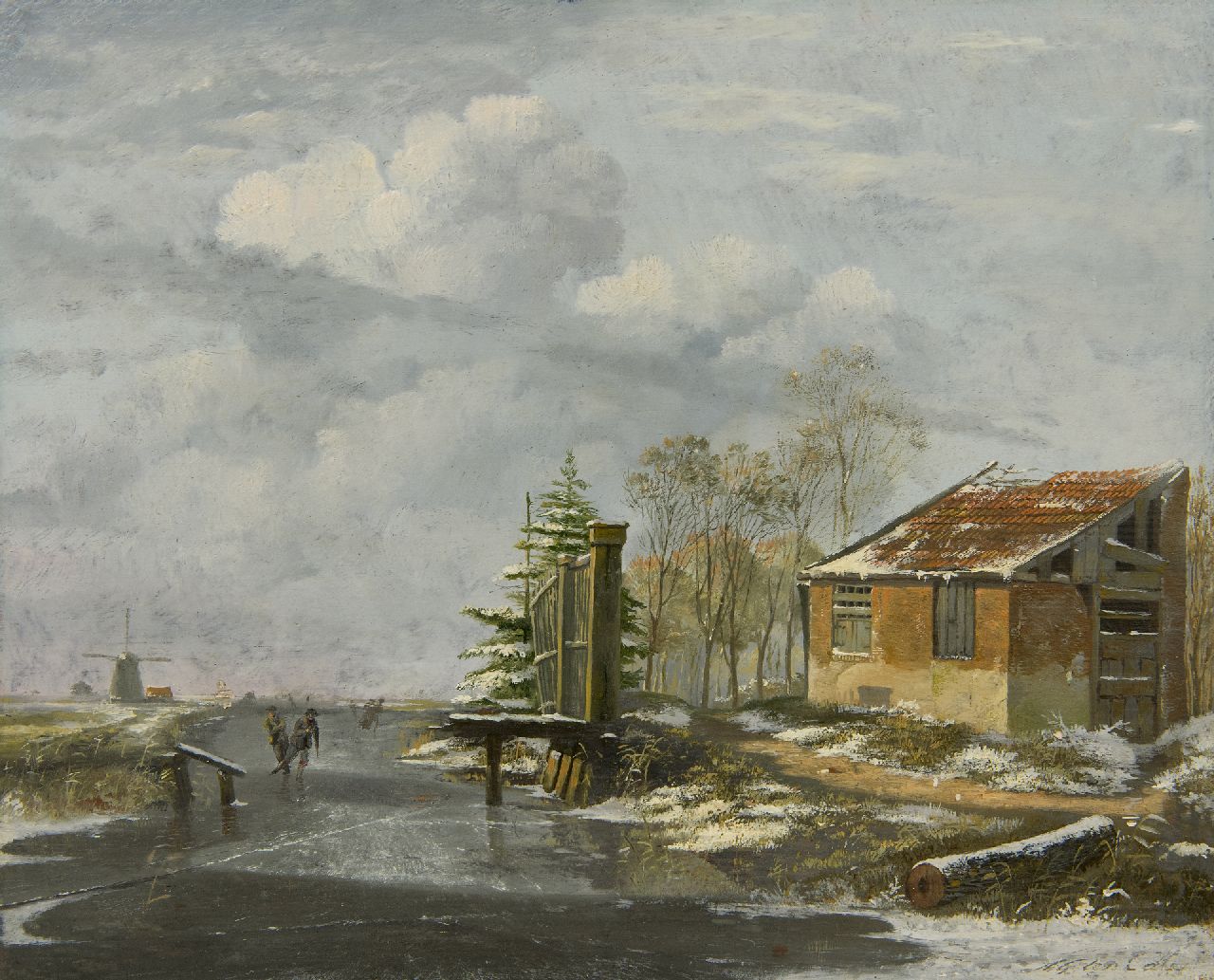 Cate H.G. ten | Hendrik Gerrit ten Cate | Schilderijen te koop aangeboden | Schaatsers in een besneeuwd winterlandschap, olieverf op paneel 25,8 x 31,9 cm, gesigneerd rechtsonder