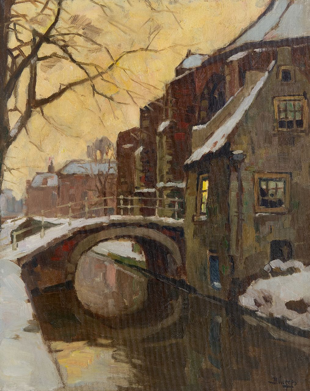 Viegers B.P.  | Bernardus Petrus 'Ben' Viegers, Winters gezicht op de Nieuwe Kerk en de Vrouwe van Rijnsburgerbrug te Delft, olieverf op doek 50,1 x 40,0 cm, gesigneerd rechtsonder
