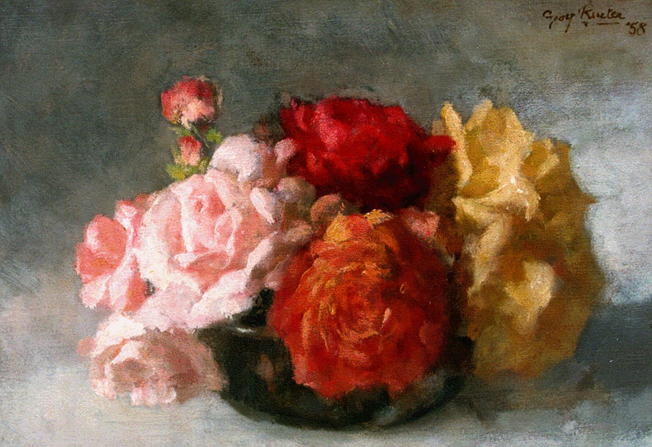 Rueter W.C.G. | Wilhelm Christian 'Georg' Rueter, Rozen in een vaas, olieverf op doek 28,0 x 39,3 cm, gesigneerd rechtsboven en gedateerd '58 Rueter W.C.G. | Wilhelm Christian 'Georg' Rueter, Rozen in een vaas, olieverf op doek 28,0 x 39,3 cm, gesigneerd rechtsboven en gedateerd '58