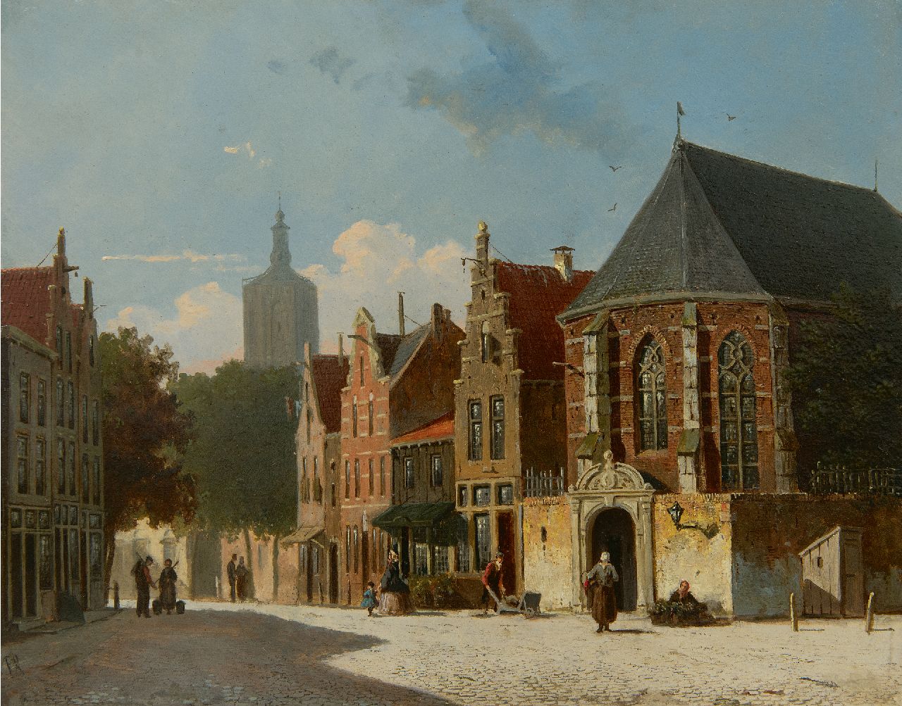 Roosdorp F.  | Frederik Roosdorp, De Groenmarkt te Den Haag met op de achtergrond de toren van de Grote Kerk, olieverf op paneel 26,5 x 33,5 cm, gesigneerd linksonder met monogram