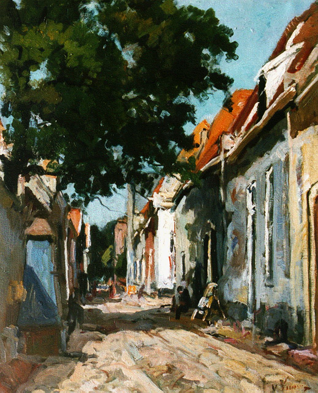 Vuuren J. van | Jan van Vuuren, Straatje met figuren, olieverf op doek 50,0 x 40,0 cm, gesigneerd rechtsonder