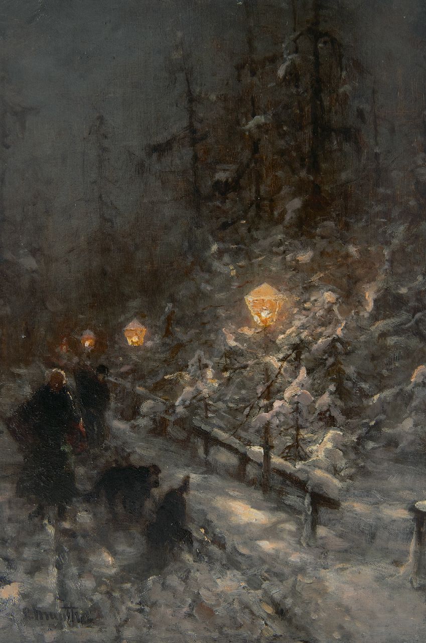 Munthe L. | Ludwig Munthe, Besneeuwde weg met figuren bij lamplicht, olieverf op paneel 40,9 x 27,7 cm, gesigneerd linksonder Munthe L. | Ludwig Munthe, Besneeuwde weg met figuren bij lamplicht, olieverf op paneel 40,9 x 27,7 cm, gesigneerd linksonder