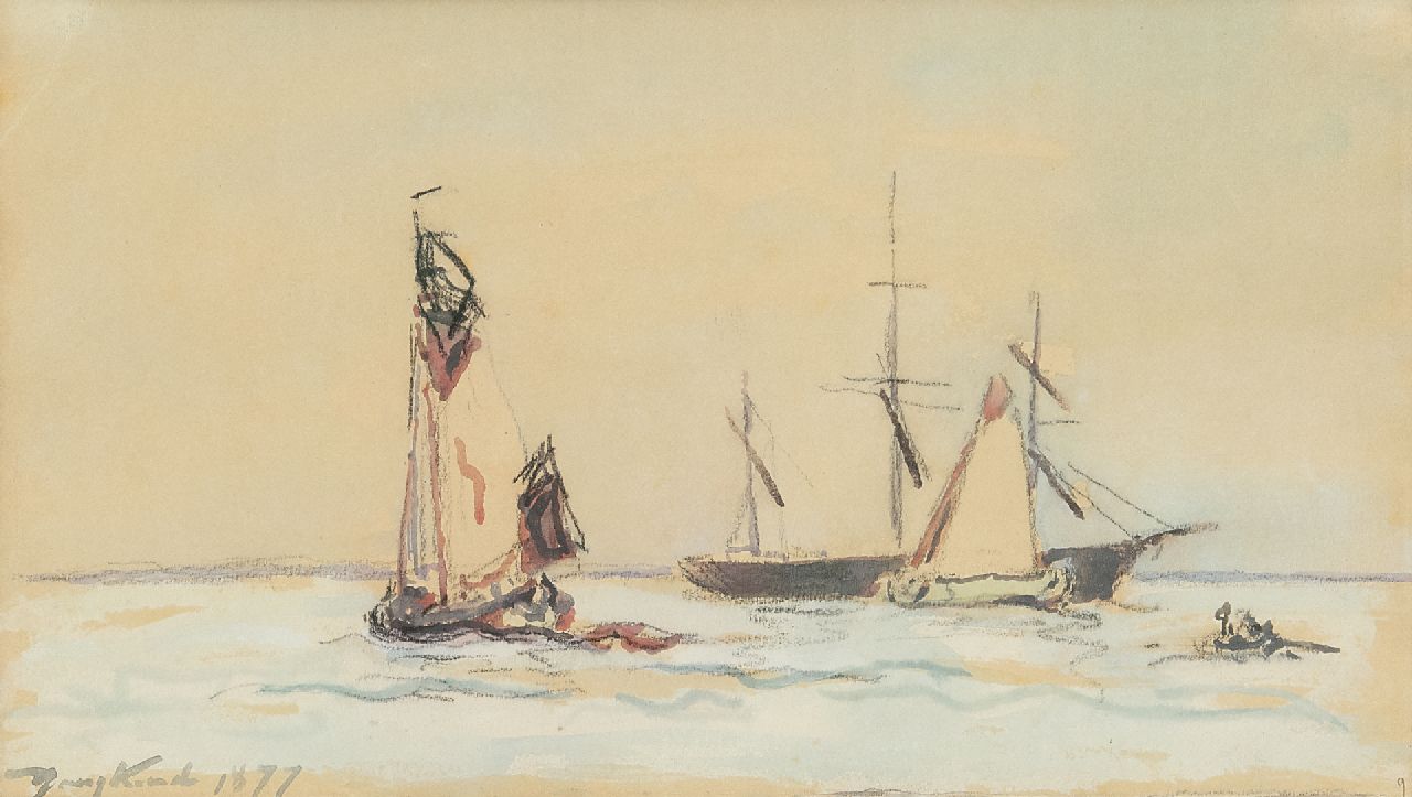 Jongkind J.B. | Johan Barthold Jongkind, Zeilschepen op de rivier, krijt en aquarel op papier 15,0 x 26,0 cm, gesigneerd linksonder en gedateerd 1877 Jongkind J.B. | Johan Barthold Jongkind, Zeilschepen op de rivier, krijt en aquarel op papier 15,0 x 26,0 cm, gesigneerd linksonder en gedateerd 1877