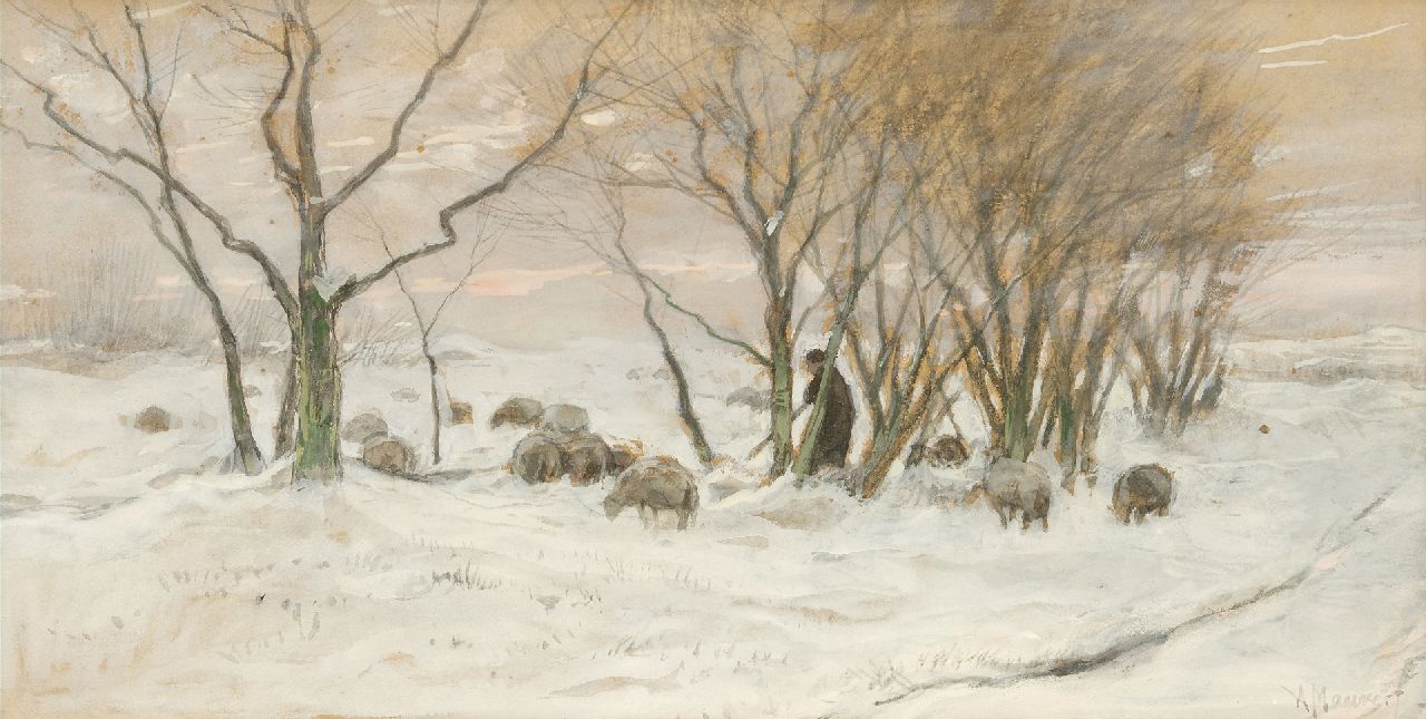 Mauve A. | Anthonij 'Anton' Mauve, Herder en schapen in de sneeuw, aquarel op papier 25,3 x 48,4 cm, gesigneerd rechtsonder Mauve A. | Anthonij 'Anton' Mauve, Herder en schapen in de sneeuw, aquarel op papier 25,3 x 48,4 cm, gesigneerd rechtsonder