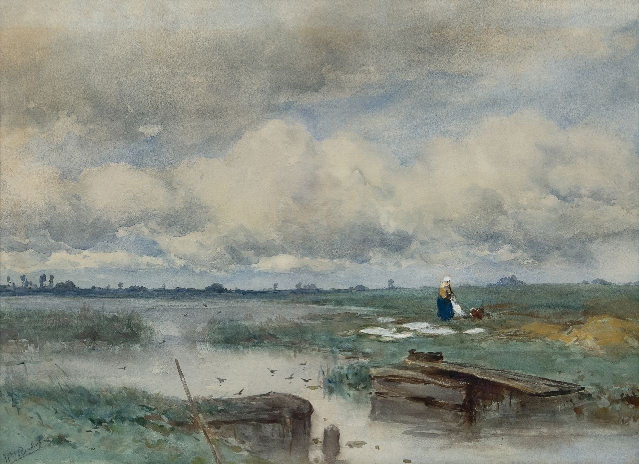 Roelofs W.  | Willem Roelofs | Aquarellen en tekeningen te koop aangeboden | Waterlandschap met wasvlonder en bleekveldje, aquarel op papier 51,0 x 70,8 cm, gesigneerd linksonder en te dateren jaren 80