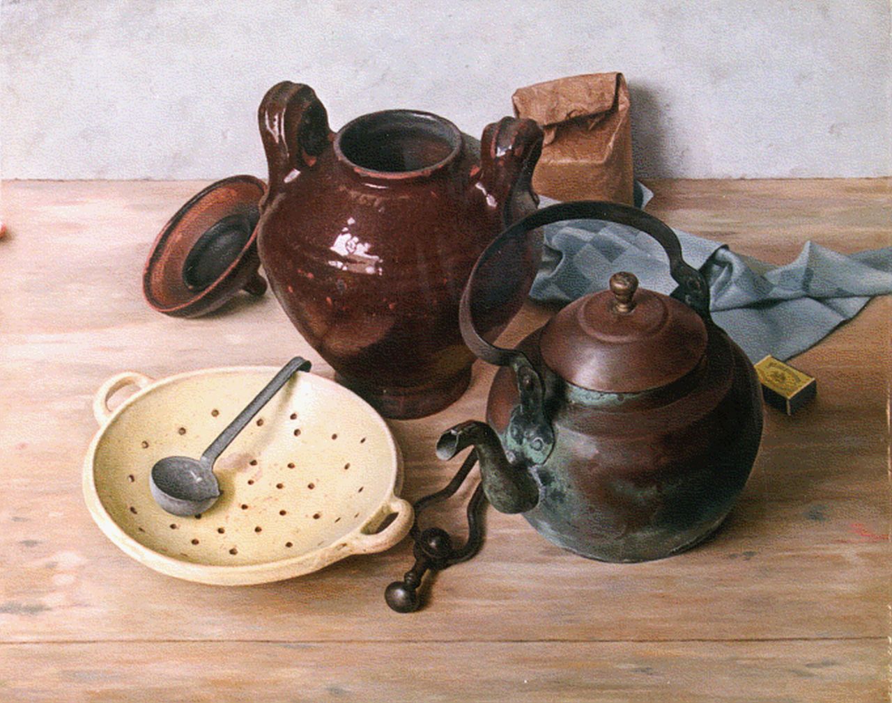 Tongeren J. van | Jan van Tongeren, Stilleven van potten op houten tafel, olieverf op doek 64,8 x 80,2 cm, gesigneerd linksboven en gedateerd '41 Tongeren J. van | Jan van Tongeren, Stilleven van potten op houten tafel, olieverf op doek 64,8 x 80,2 cm, gesigneerd linksboven en gedateerd '41