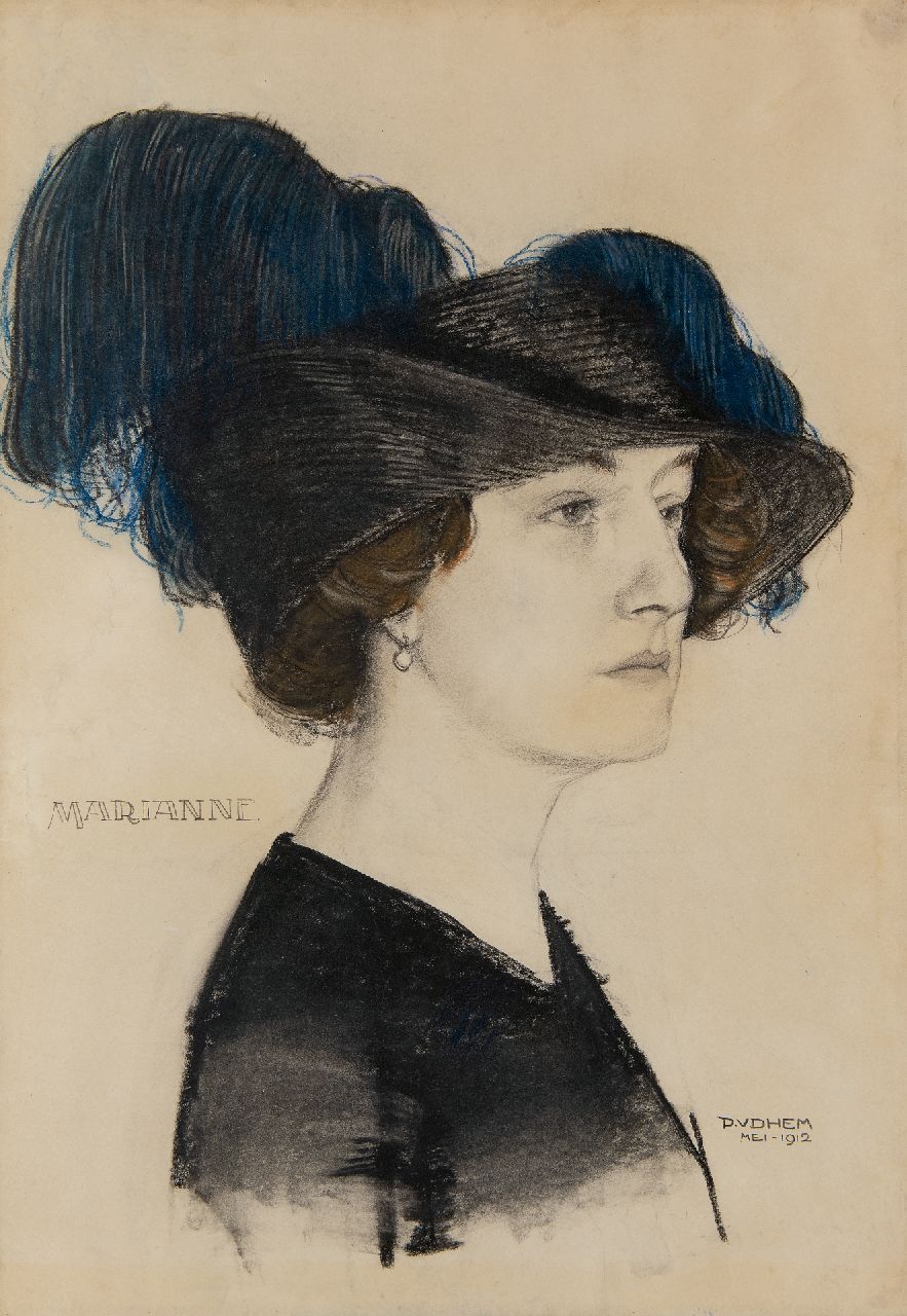 Hem P. van der | Pieter 'Piet' van der Hem, Marianne met modieuze hoed, krijt op papier 54,0 x 39,3 cm, gesigneerd rechtsonder en gedateerd mei 1912