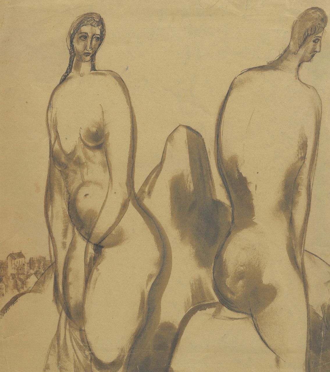 Schnell G. van | Gabriel van Schnell | Aquarellen en tekeningen te koop aangeboden | Studie van twee naakte vrouwen, gewassen inkt en aquarel op papier 28,6 x 27,7 cm, gesigneerd linksonder en gedateerd 1935, zonder lijst Schnell G. van | Gabriel van Schnell | Aquarellen en tekeningen te koop aangeboden | Studie van twee naakte vrouwen, gewassen inkt en aquarel op papier 28,6 x 27,7 cm, gesigneerd linksonder en gedateerd 1935, zonder lijst
