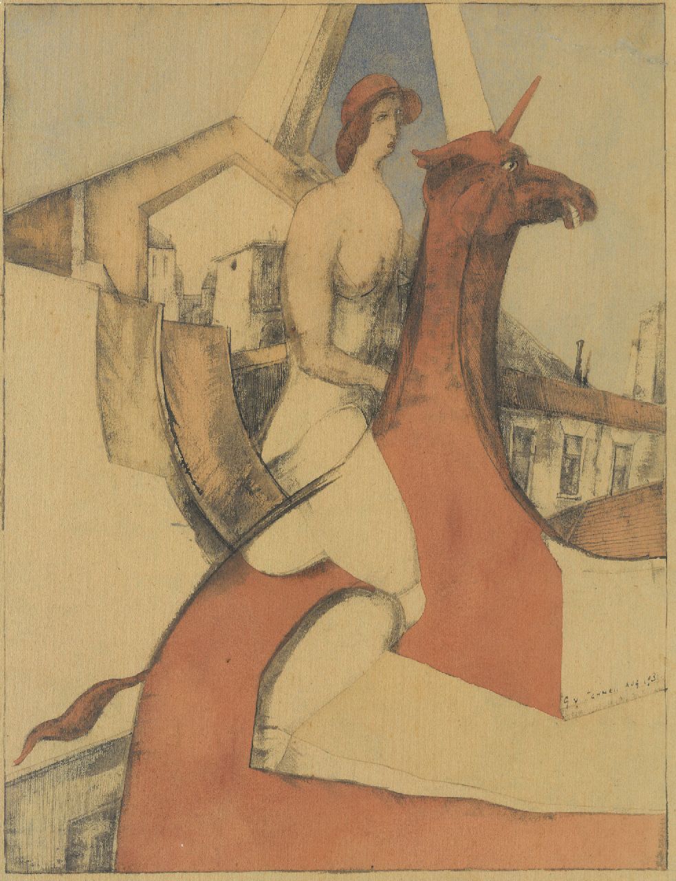 Schnell G. van | Gabriel van Schnell | te koop aangeboden | Vrouwelijk naakt op eenhoorn, potlood en aquarel op papier op board - (pencil and watercolour on paper on board) 34,7 x 26,7 cm, gesigneerd rechtsonder en Aug. 1931, zonder lijst Schnell G. van | Gabriel van Schnell | te koop aangeboden | Vrouwelijk naakt op eenhoorn, potlood en aquarel op papier op board - (pencil and watercolour on paper on board) 34,7 x 26,7 cm, gesigneerd rechtsonder en Aug. 1931, zonder lijst