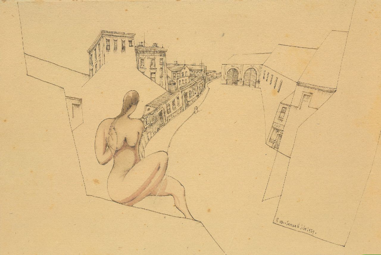 Schnell G. van | Gabriel van Schnell | Aquarellen en tekeningen te koop aangeboden | Studie van vrouwelijk naakt voor een stad, inkt en aquarel op papier op board 24,0 x 35,7 cm, gesigneerd rechtsonder en gedateerd 'July 1929', zonder lijst Schnell G. van | Gabriel van Schnell | Aquarellen en tekeningen te koop aangeboden | Studie van vrouwelijk naakt voor een stad, inkt en aquarel op papier op board 24,0 x 35,7 cm, gesigneerd rechtsonder en gedateerd 'July 1929', zonder lijst