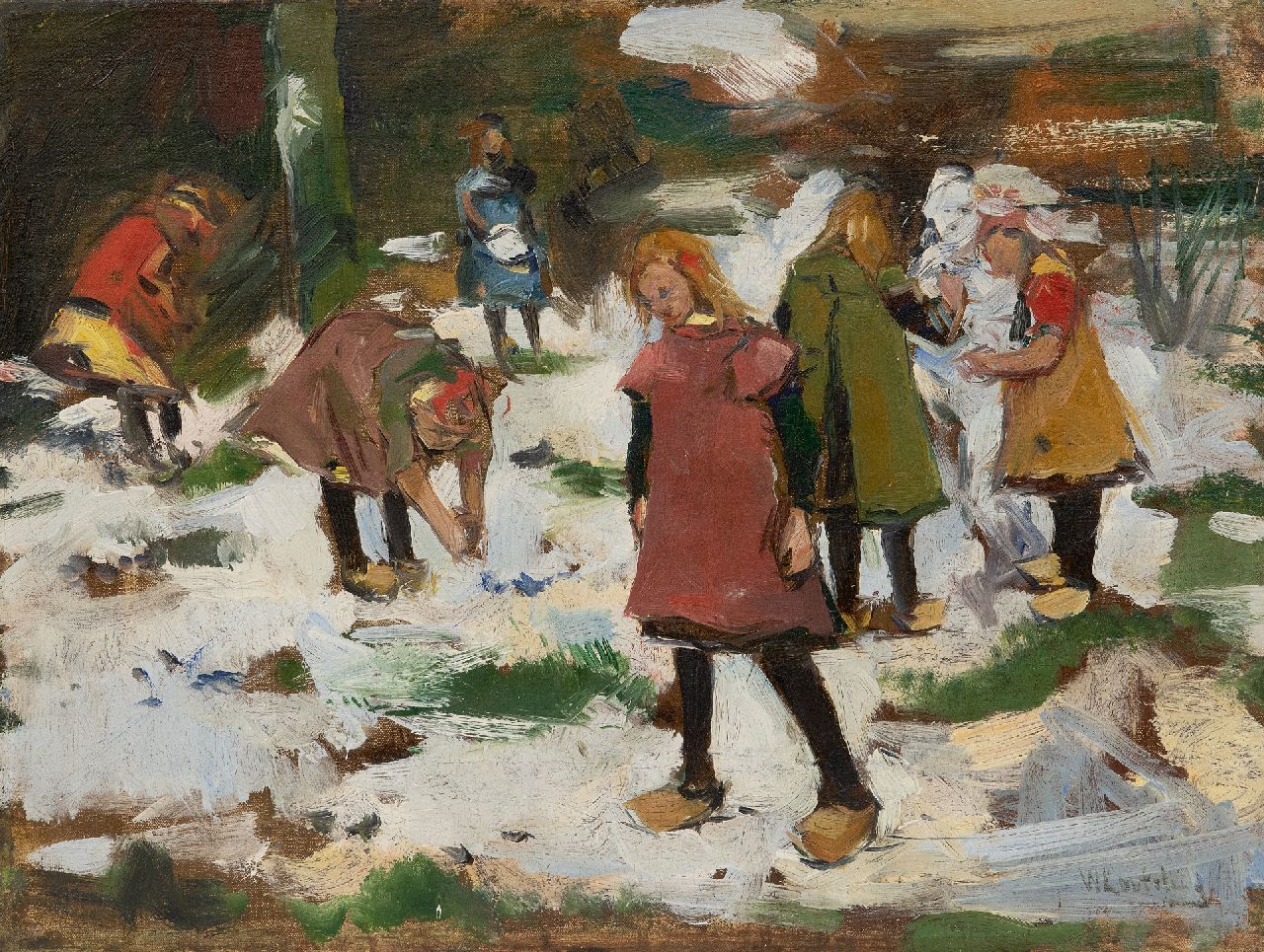 Korteling W. | Willem Korteling, Spelende kinderen in de sneeuw, olieverf op doek 33,5 x 44,3 cm, gesigneerd rechtsonder Korteling W. | Willem Korteling, Spelende kinderen in de sneeuw, olieverf op doek 33,5 x 44,3 cm, gesigneerd rechtsonder