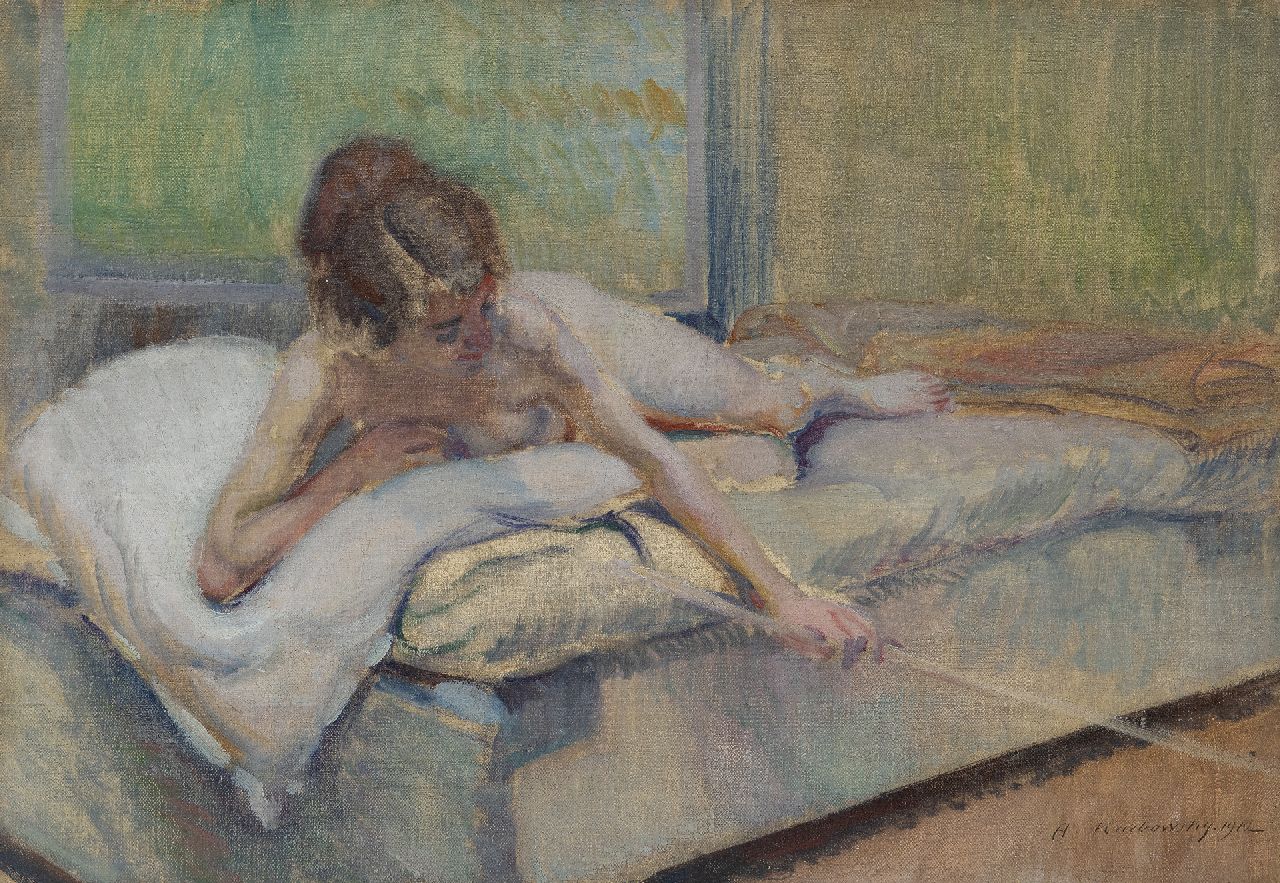 Karbowsky A. | Adrien Karbowsky, Vrouwelijk naakt op een bed, olieverf op doek 38,3 x 55,1 cm, gesigneerd rechtsonder en gedateerd 1912 Karbowsky A. | Adrien Karbowsky, Vrouwelijk naakt op een bed, olieverf op doek 38,3 x 55,1 cm, gesigneerd rechtsonder en gedateerd 1912