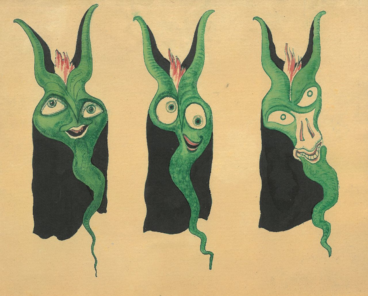 Schnell G. van | Gabriel van Schnell | Aquarellen en tekeningen te koop aangeboden | Drie groteske figuren I, inkt en aquarel op papier op board 24,6 x 30,3 cm, zonder lijst Schnell G. van | Gabriel van Schnell | Aquarellen en tekeningen te koop aangeboden | Drie groteske figuren I, inkt en aquarel op papier op board 24,6 x 30,3 cm, zonder lijst