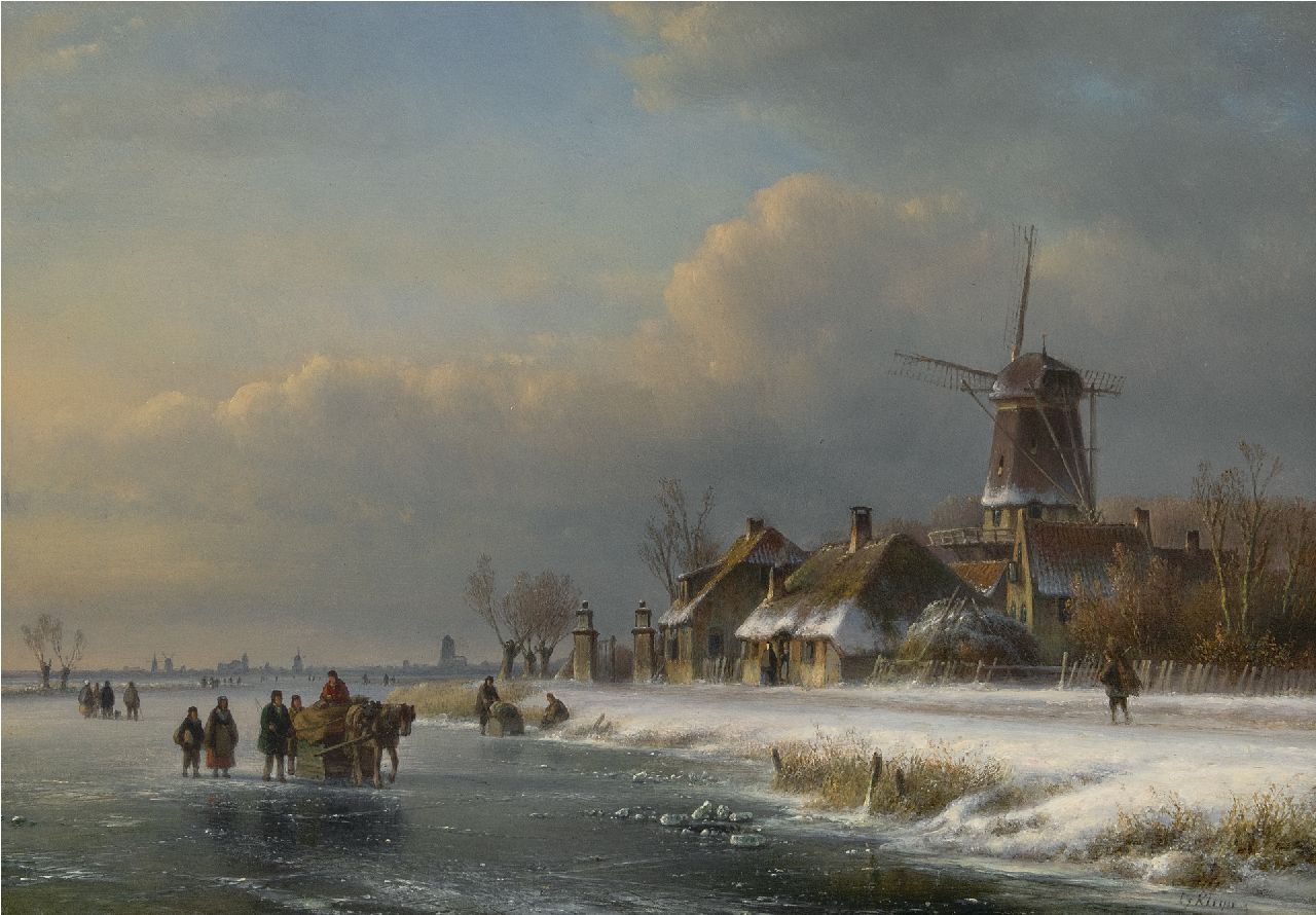 Kleijn L.J.  | Lodewijk Johannes Kleijn, IJsgezicht met paardenslee, olieverf op paneel 35,6 x 50,5 cm, gesigneerd rechtsonder
