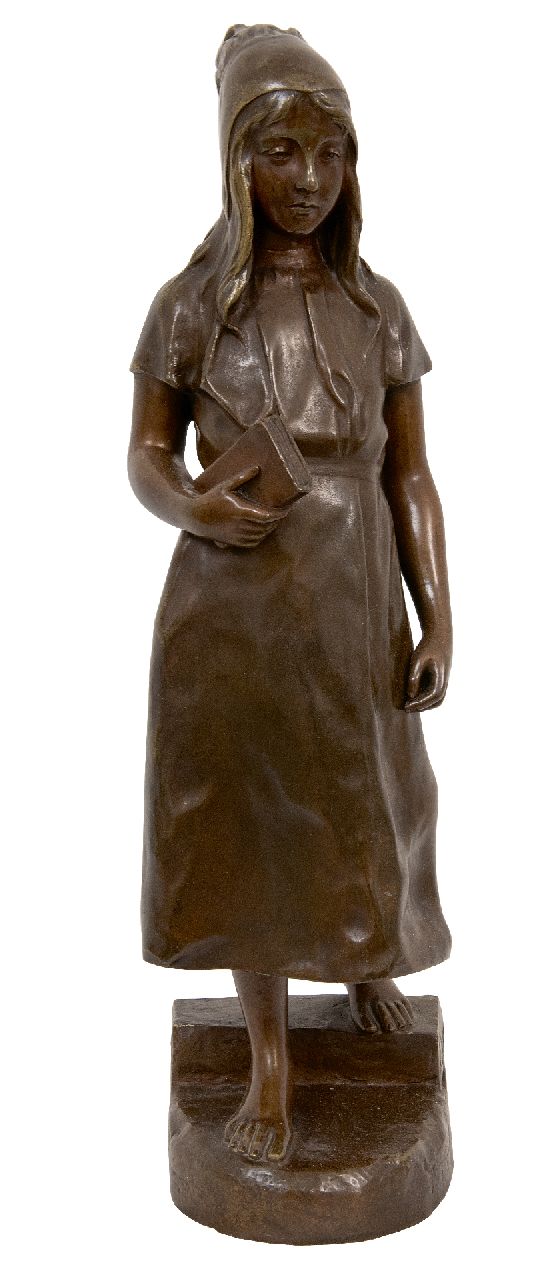 Jespers E.  | Emile Jespers, Meisje met haar bijbel, brons 41,0 x 11,0 cm, gesigneerd op basis