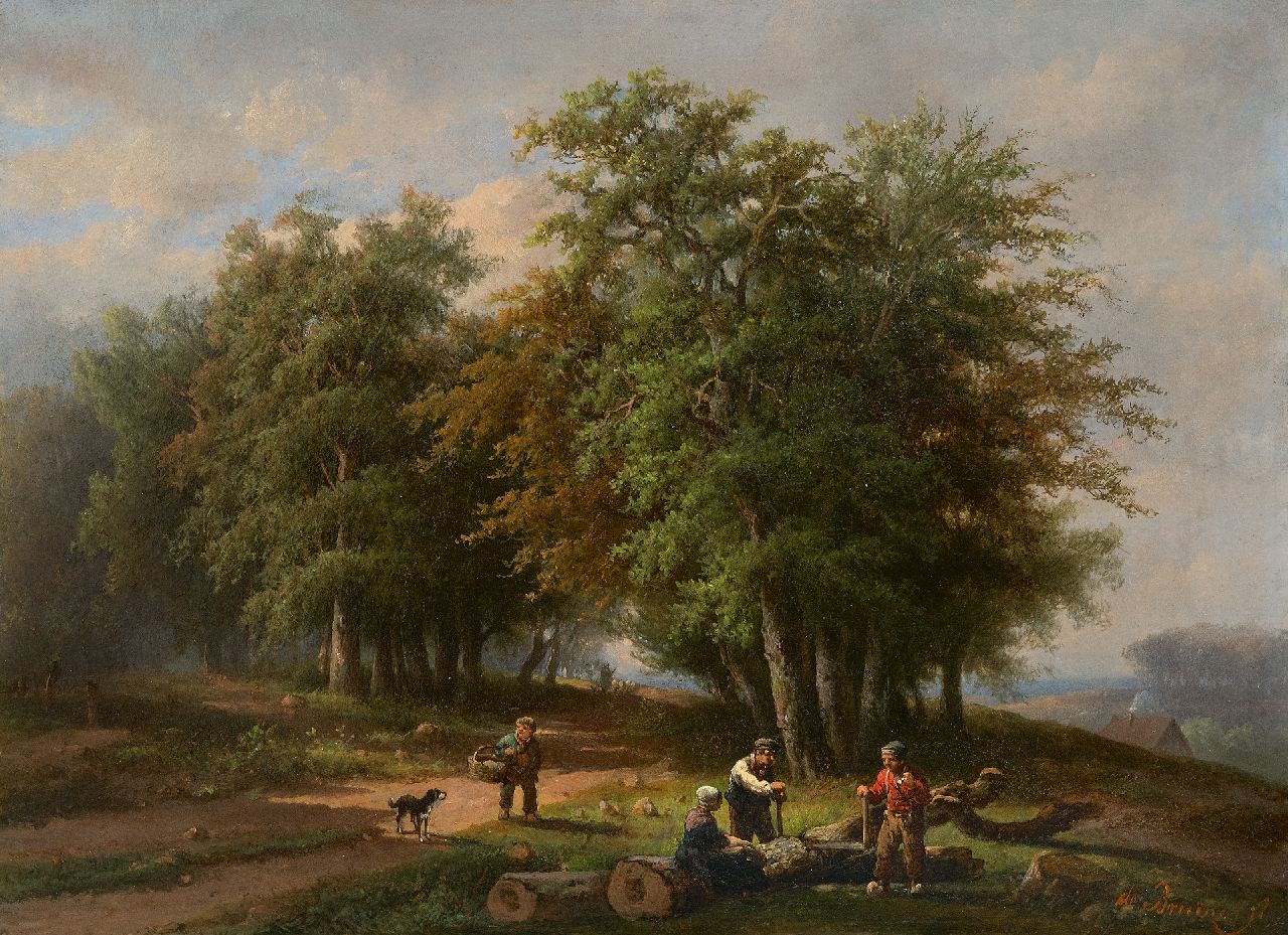 Bruïne A.H. de | Adrianus Hendrikus de Bruïne | Schilderijen te koop aangeboden | Houthakkers en landvolk op een bospad, olieverf op doek 35,8 x 47,9 cm, gesigneerd rechtsonder en zonder lijst Bruïne A.H. de | Adrianus Hendrikus de Bruïne | Schilderijen te koop aangeboden | Houthakkers en landvolk op een bospad, olieverf op doek 35,8 x 47,9 cm, gesigneerd rechtsonder en zonder lijst