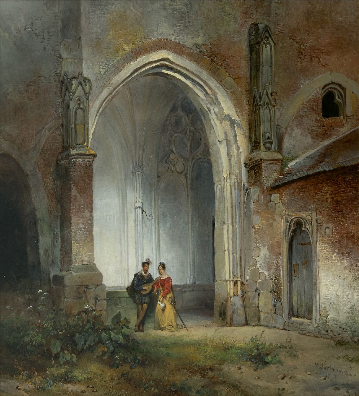 Nuijen W.J.J. | Wijnandus Johannes Josephus 'Wijnand' Nuijen | Schilderijen te koop aangeboden | Een man en een vrouw in een kloostergang van de Dom te Utrecht, olieverf op paneel 49,0 x 44,8 cm, gesigneerd rechtsonder en gedateerd 1832 Nuijen W.J.J. | Wijnandus Johannes Josephus 'Wijnand' Nuijen | Schilderijen te koop aangeboden | Een man en een vrouw in een kloostergang van de Dom te Utrecht, olieverf op paneel 49,0 x 44,8 cm, gesigneerd rechtsonder en gedateerd 1832