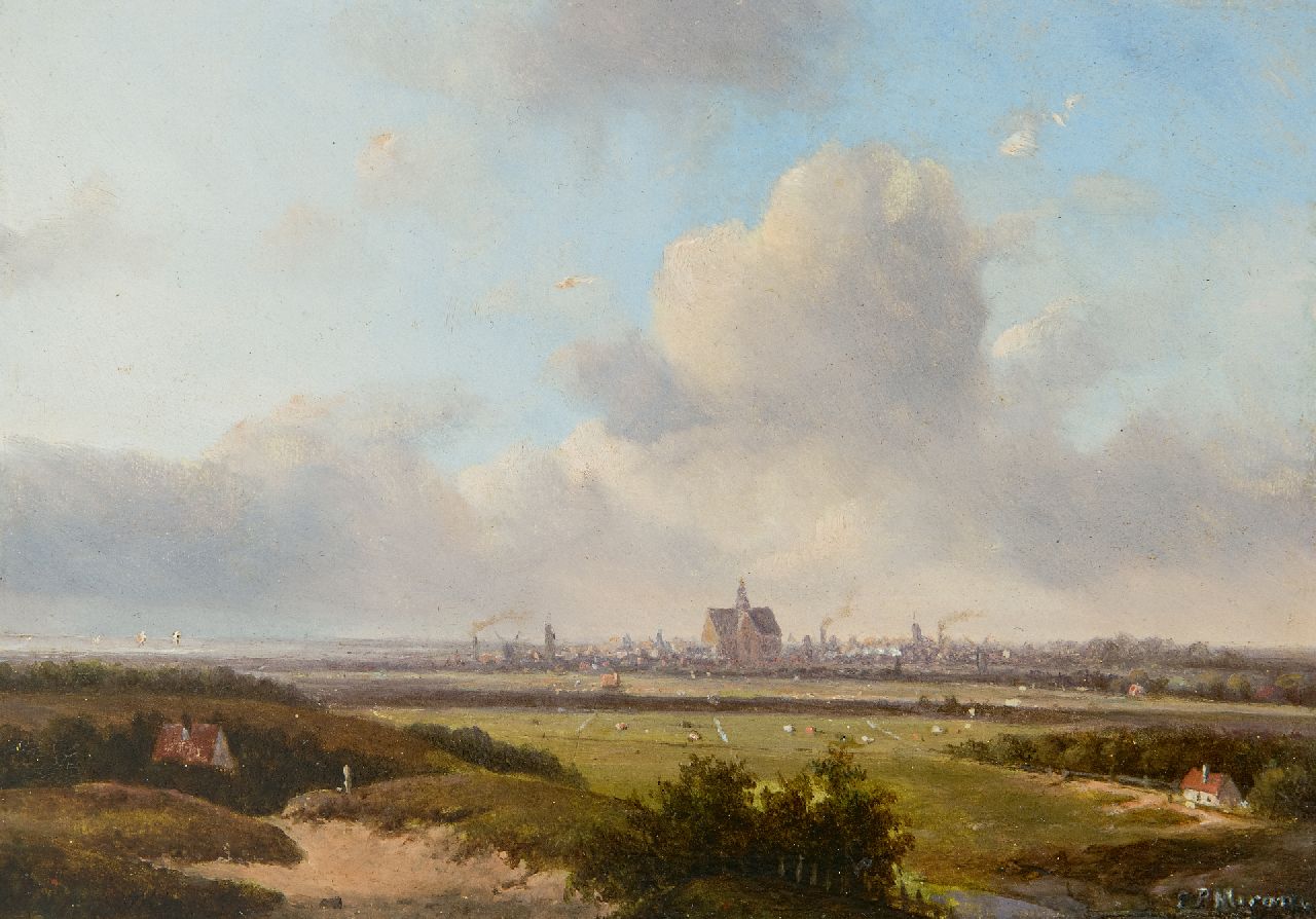Everardus Mirani | Panoramisch landschap met Haarlem en het Haarlemmermeer in de verte (alleen tezamen met 22136-winter), olieverf op paneel, 13,0 x 18,0 cm, gesigneerd r.o. Everardus Mirani | Panoramisch landschap met Haarlem en het Haarlemmermeer in de verte (alleen tezamen met 22136-winter), olieverf op paneel, 13,0 x 18,0 cm, gesigneerd r.o.