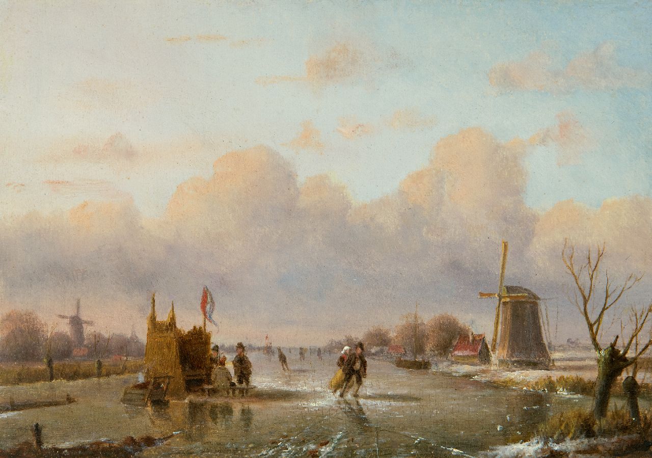 Mirani E.B.G.P. | 'Everardus' Benedictus Gregorius Pagano Mirani | Schilderijen te koop aangeboden | Winterlandschap met schaatsers en volk bij een koek-en-zopietent (alleen tezamen met 22135-zomer), olieverf op paneel 12,9 x 18,1 cm, gesigneerd linksonder (resten) Mirani E.B.G.P. | 'Everardus' Benedictus Gregorius Pagano Mirani | Schilderijen te koop aangeboden | Winterlandschap met schaatsers en volk bij een koek-en-zopietent (alleen tezamen met 22135-zomer), olieverf op paneel 12,9 x 18,1 cm, gesigneerd linksonder (resten)