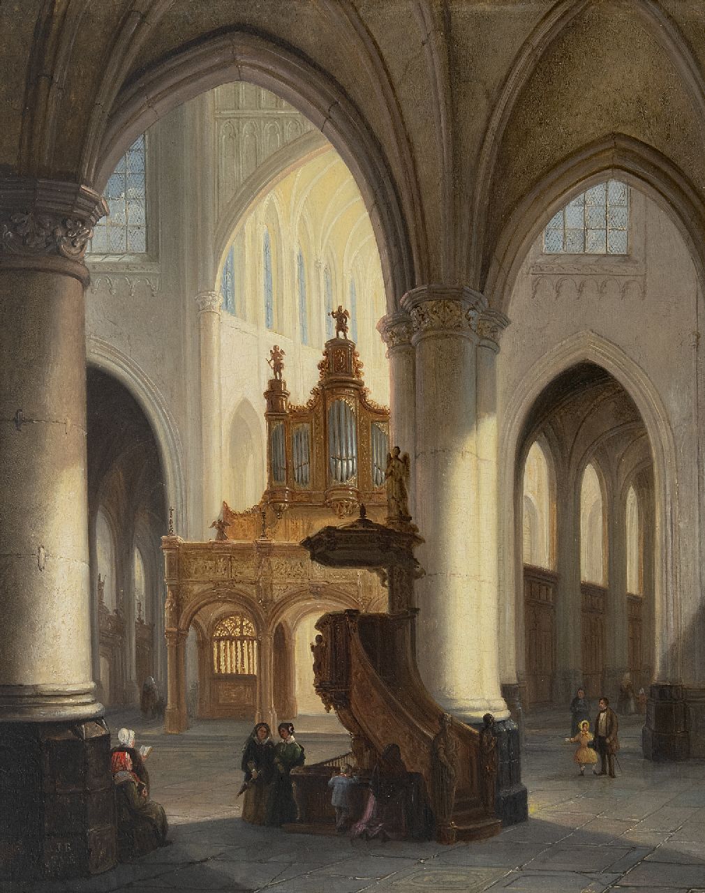Tetar van Elven J.B. | Jan 'Johannes' Baptist Tetar van Elven, Kerkinterieur met figuren, olieverf op paneel 36,8 x 29,7 cm, gesigneerd linksonder met initialen en verso voluit Tetar van Elven J.B. | Jan 'Johannes' Baptist Tetar van Elven, Kerkinterieur met figuren, olieverf op paneel 36,8 x 29,7 cm, gesigneerd linksonder met initialen en verso voluit