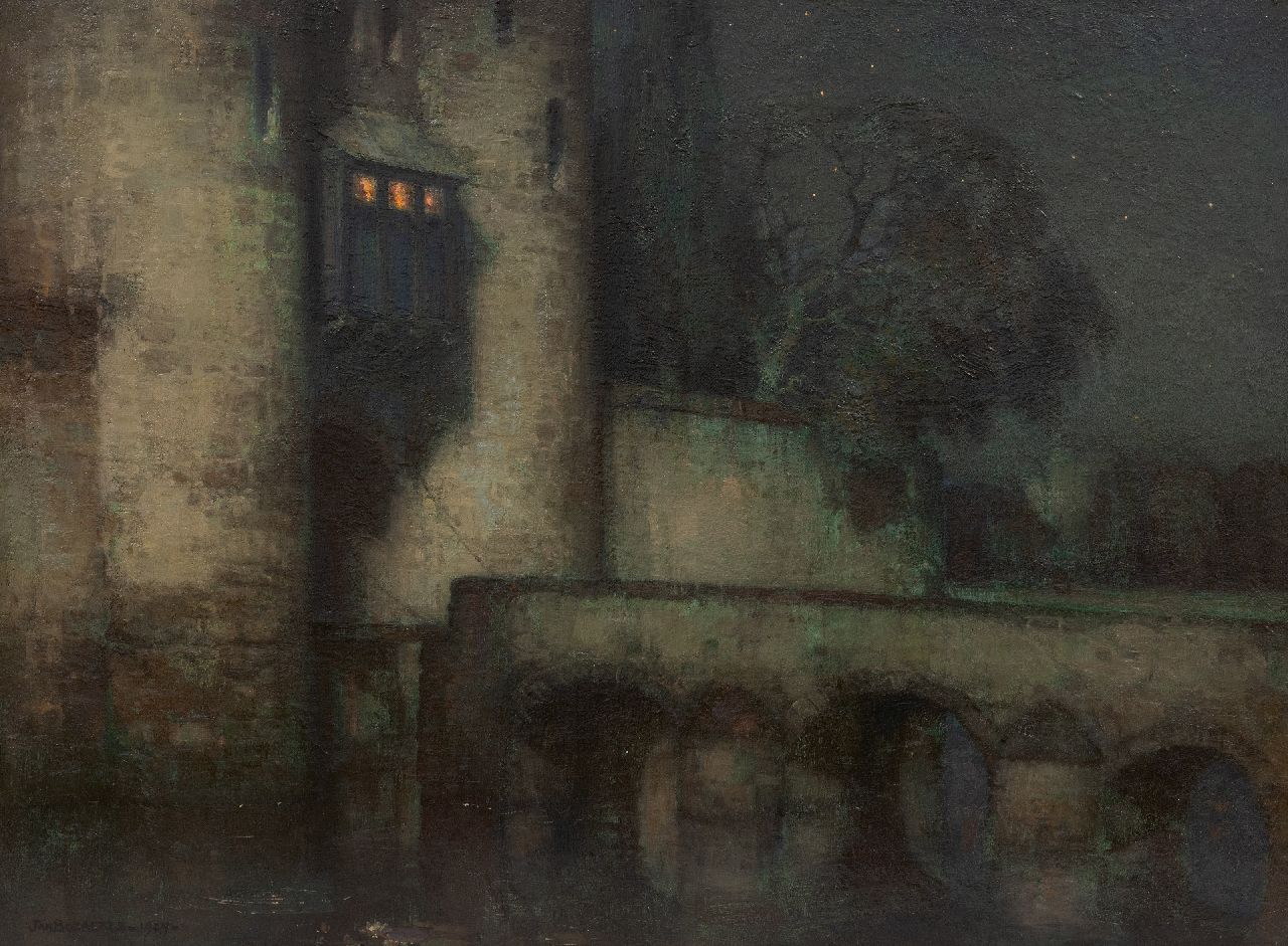 Bogaerts J.J.M. | Johannes Jacobus Maria 'Jan' Bogaerts | Schilderijen te koop aangeboden | Kasteel met ophaalbrug bij avond, olieverf op doek 45,4 x 60,3 cm, gesigneerd linksonder en gedateerd 1924 Bogaerts J.J.M. | Johannes Jacobus Maria 'Jan' Bogaerts | Schilderijen te koop aangeboden | Kasteel met ophaalbrug bij avond, olieverf op doek 45,4 x 60,3 cm, gesigneerd linksonder en gedateerd 1924