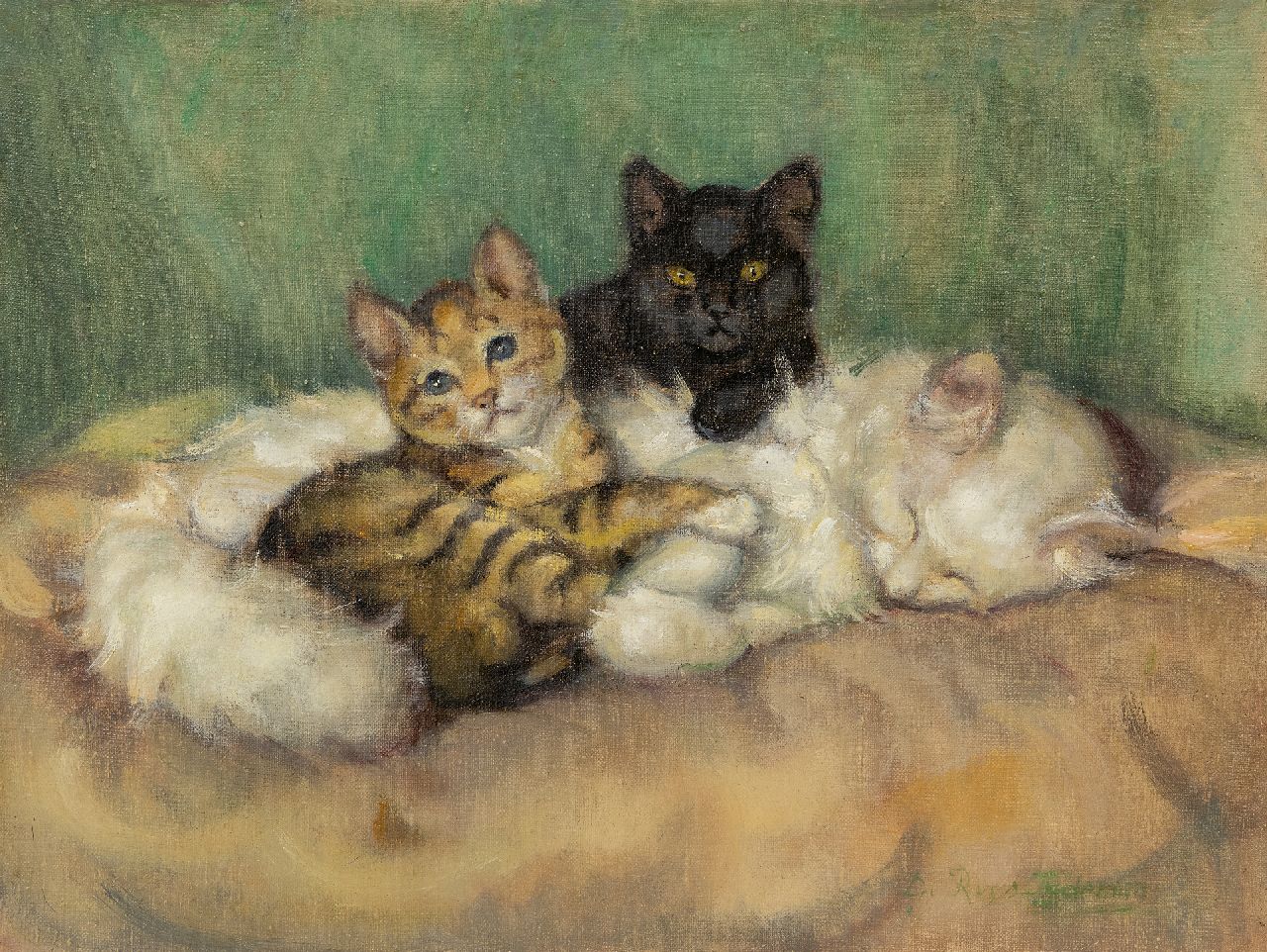 Tijdeman E.M.  | Ernestine Marie 'Dé' Tijdeman, Moederpoes met twee kittens, olieverf op doek 30,5 x 40,5 cm, gesigneerd rechtsonder