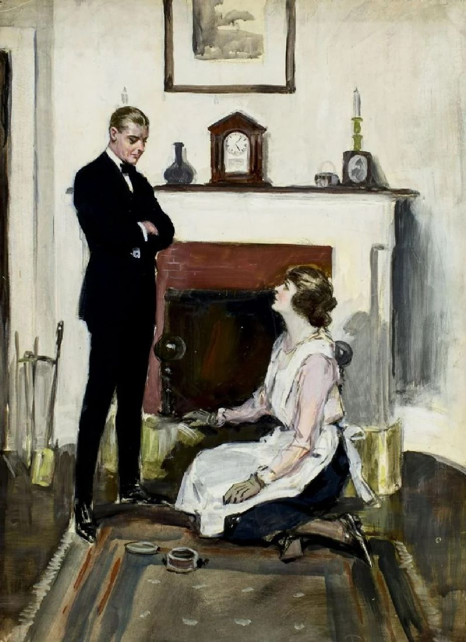 Underwood C.F. | 'Clarence' Frederick Underwood | Aquarellen en tekeningen te koop aangeboden | Gentleman and housemaid, gouache op board 76,0 x 55,3 cm, gesigneerd rechtsonder Underwood C.F. | 'Clarence' Frederick Underwood | Aquarellen en tekeningen te koop aangeboden | Gentleman and housemaid, gouache op board 76,0 x 55,3 cm, gesigneerd rechtsonder