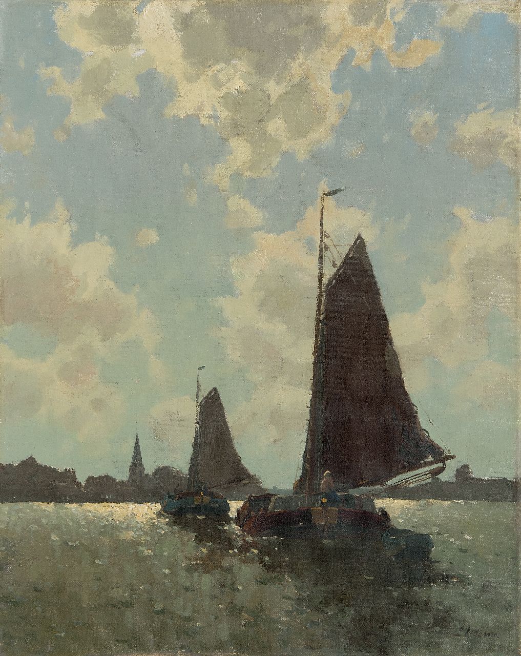 Ydema E.  | Egnatius Ydema, Twee tjalken varend bij tegenlicht, bij Eernewoude, olieverf op doek 50,5 x 40,3 cm, gesigneerd rechtsonder