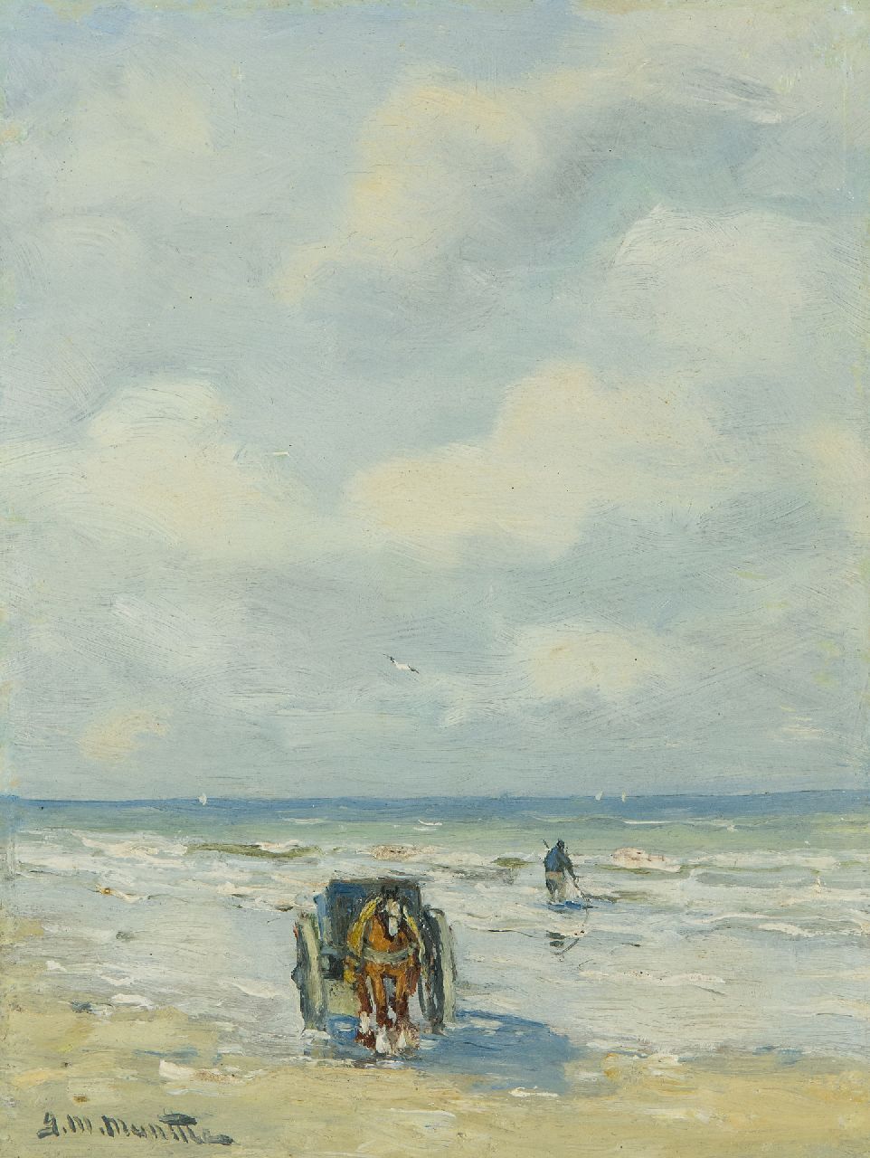 Munthe G.A.L.  | Gerhard Arij Ludwig 'Morgenstjerne' Munthe, Schelpenvisser in de branding, olieverf op schildersboard 19,9 x 14,9 cm, gesigneerd linksonder