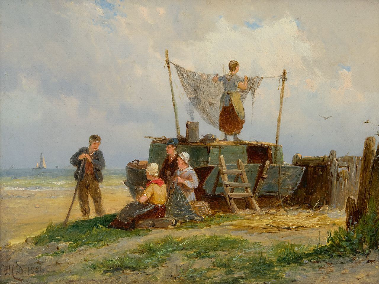 Dommershuijzen P.C. | Pieter Cornelis Dommershuijzen, 't Drogen van de netten, olieverf op paneel 15,0 x 20,2 cm, gesigneerd linksonder met initialen en gedateerd 1886 Dommershuijzen P.C. | Pieter Cornelis Dommershuijzen, 't Drogen van de netten, olieverf op paneel 15,0 x 20,2 cm, gesigneerd linksonder met initialen en gedateerd 1886