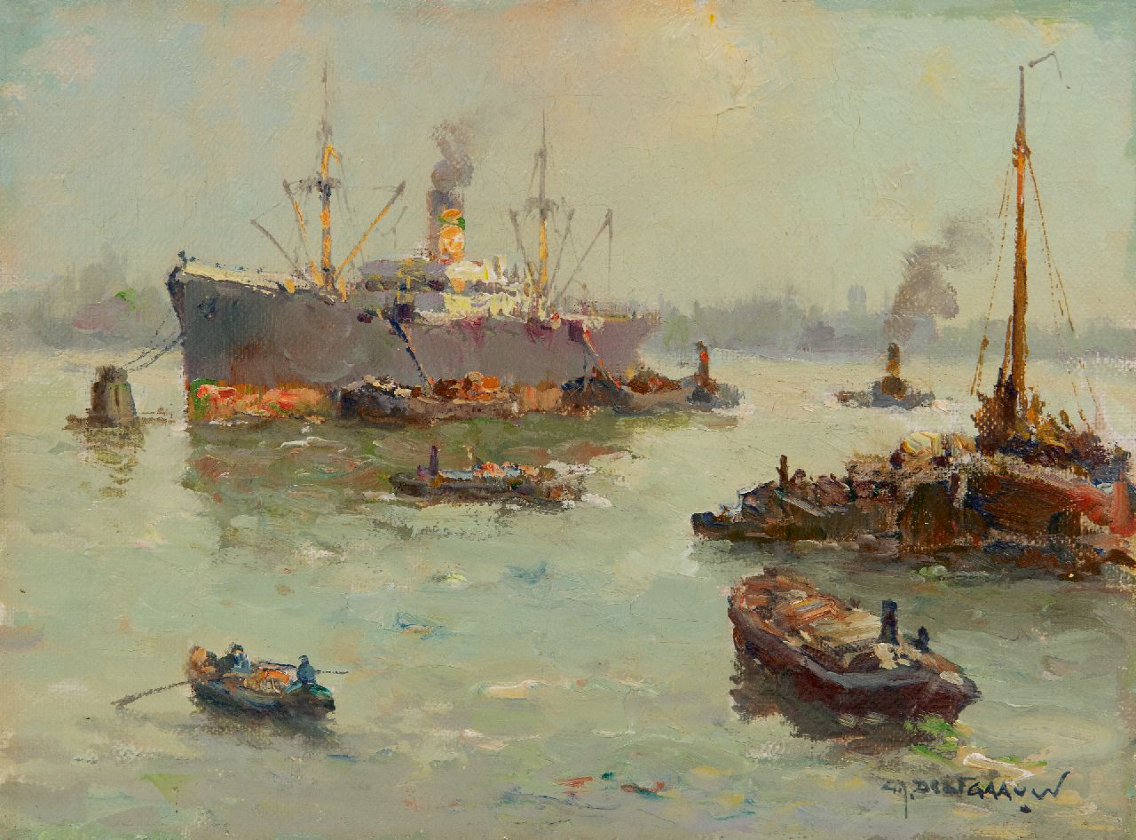 Delfgaauw G.J. | Gerardus Johannes 'Gerard' Delfgaauw, Scheepvaart bij Rotterdam (mogelijk de Waalhaven), olieverf op doek 18,8 x 24,7 cm, gesigneerd rechtsonder Delfgaauw G.J. | Gerardus Johannes 'Gerard' Delfgaauw, Scheepvaart bij Rotterdam (mogelijk de Waalhaven), olieverf op doek 18,8 x 24,7 cm, gesigneerd rechtsonder