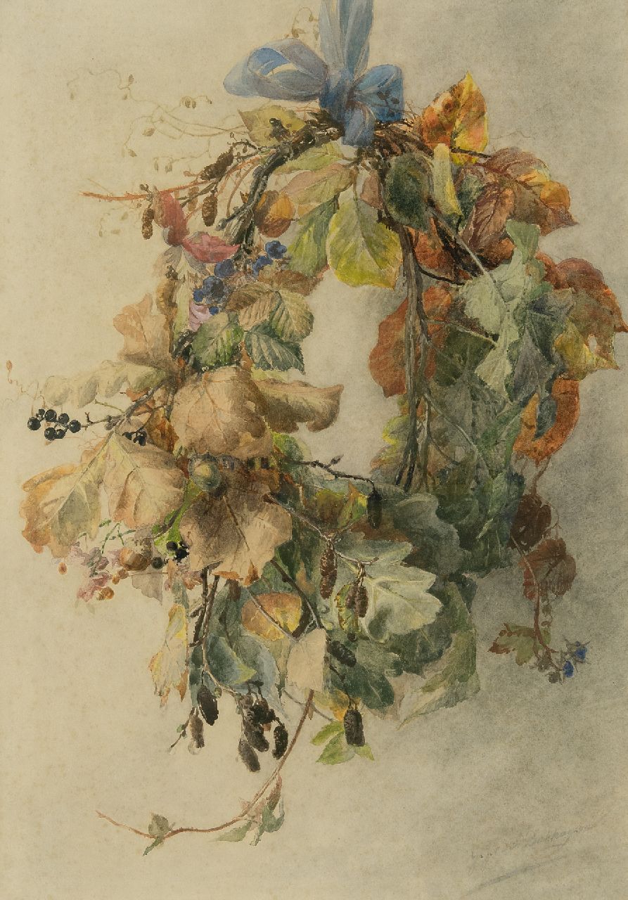 Sande Bakhuyzen G.J. van de | 'Gerardine' Jacoba van de Sande Bakhuyzen, Herfstkrans, aquarel op papier 49,3 x 34,3 cm, gesigneerd rechtsonder Sande Bakhuyzen G.J. van de | 'Gerardine' Jacoba van de Sande Bakhuyzen, Herfstkrans, aquarel op papier 49,3 x 34,3 cm, gesigneerd rechtsonder