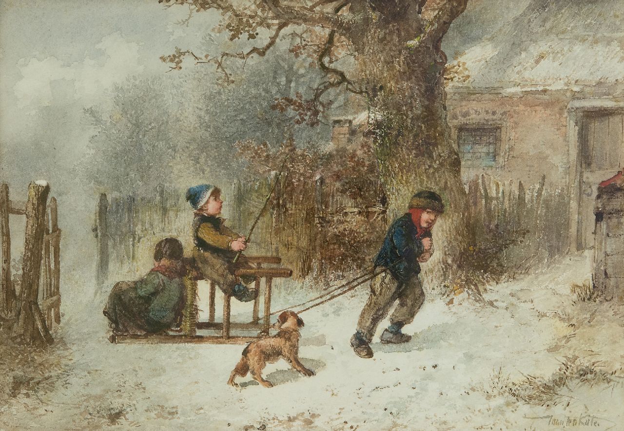 Kate J.M.H. ten | Johan 'Mari' Henri ten Kate, Spelende kinderen in de sneeuw, aquarel op papier 25,1 x 35,6 cm, gesigneerd rechtsonder Kate J.M.H. ten | Johan 'Mari' Henri ten Kate, Spelende kinderen in de sneeuw, aquarel op papier 25,1 x 35,6 cm, gesigneerd rechtsonder