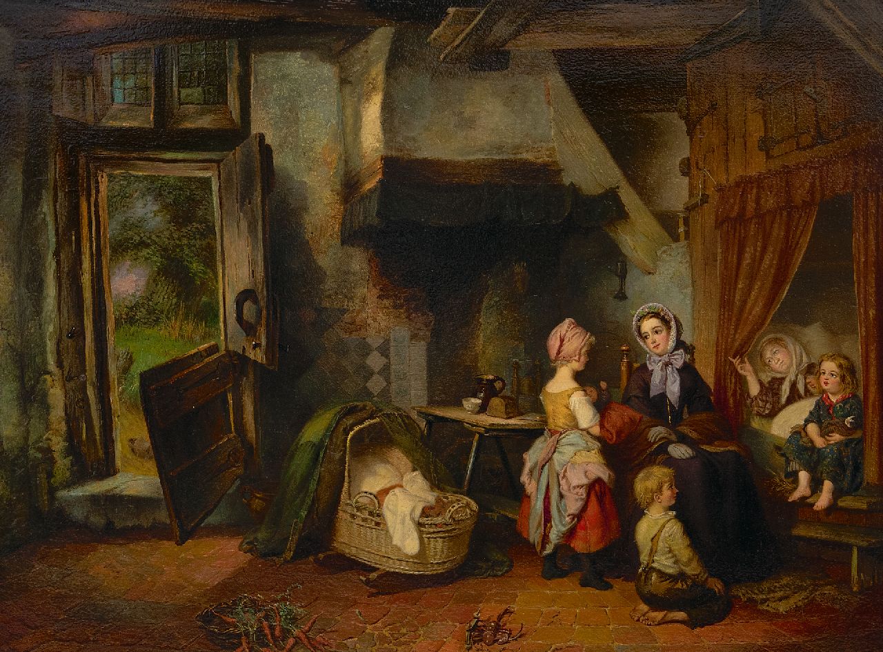 Fabius J.  | Jan Fabius, De kraamvisite, olieverf op paneel 49,2 x 99,0 cm, ?