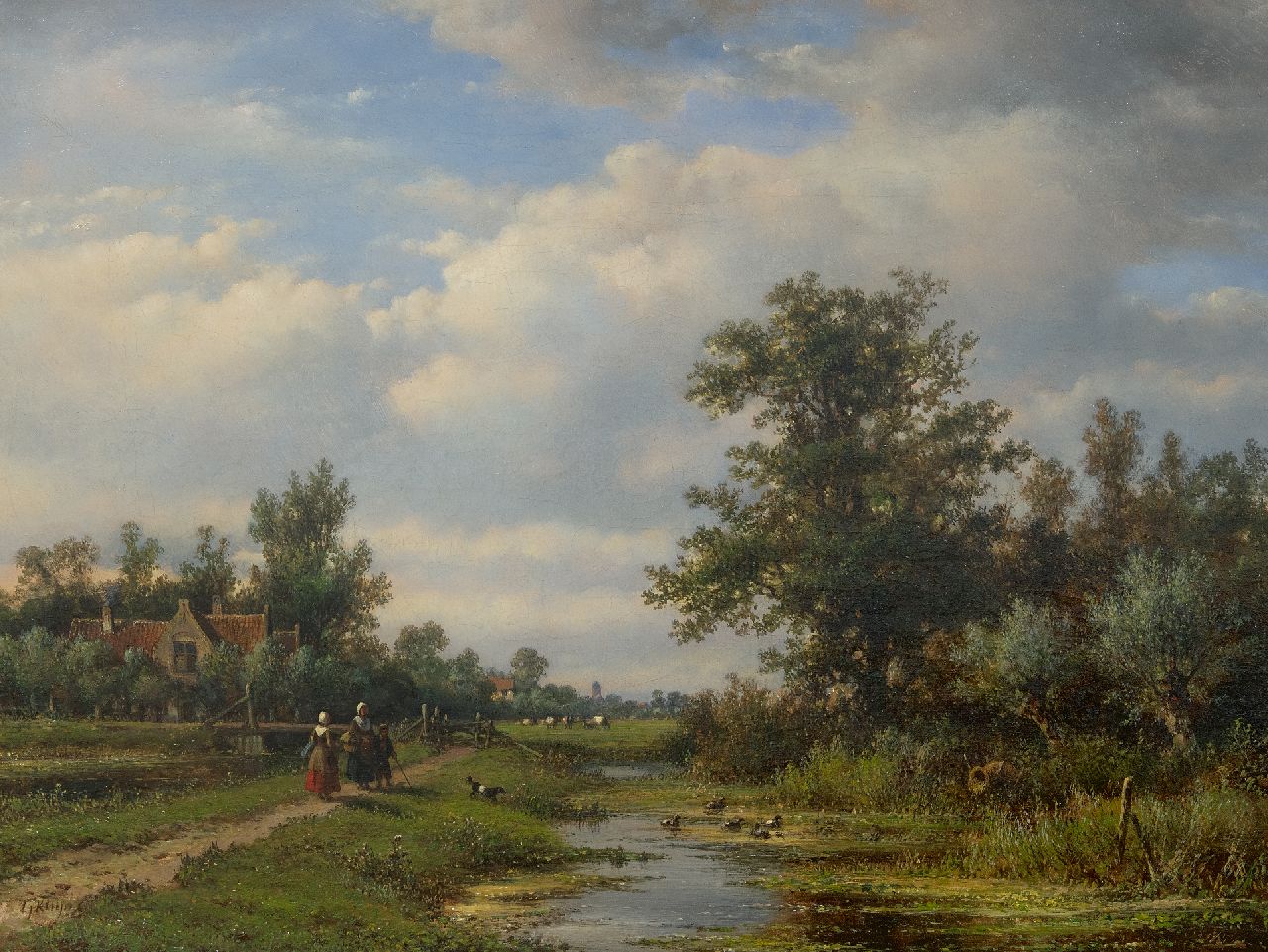 Kleijn L.J. | Lodewijk Johannes Kleijn, Boerenvolk bij een dorpssloot, olieverf op doek 49,5 x 64,4 cm, gesigneerd linksonder Kleijn L.J. | Lodewijk Johannes Kleijn, Boerenvolk bij een dorpssloot, olieverf op doek 49,5 x 64,4 cm, gesigneerd linksonder