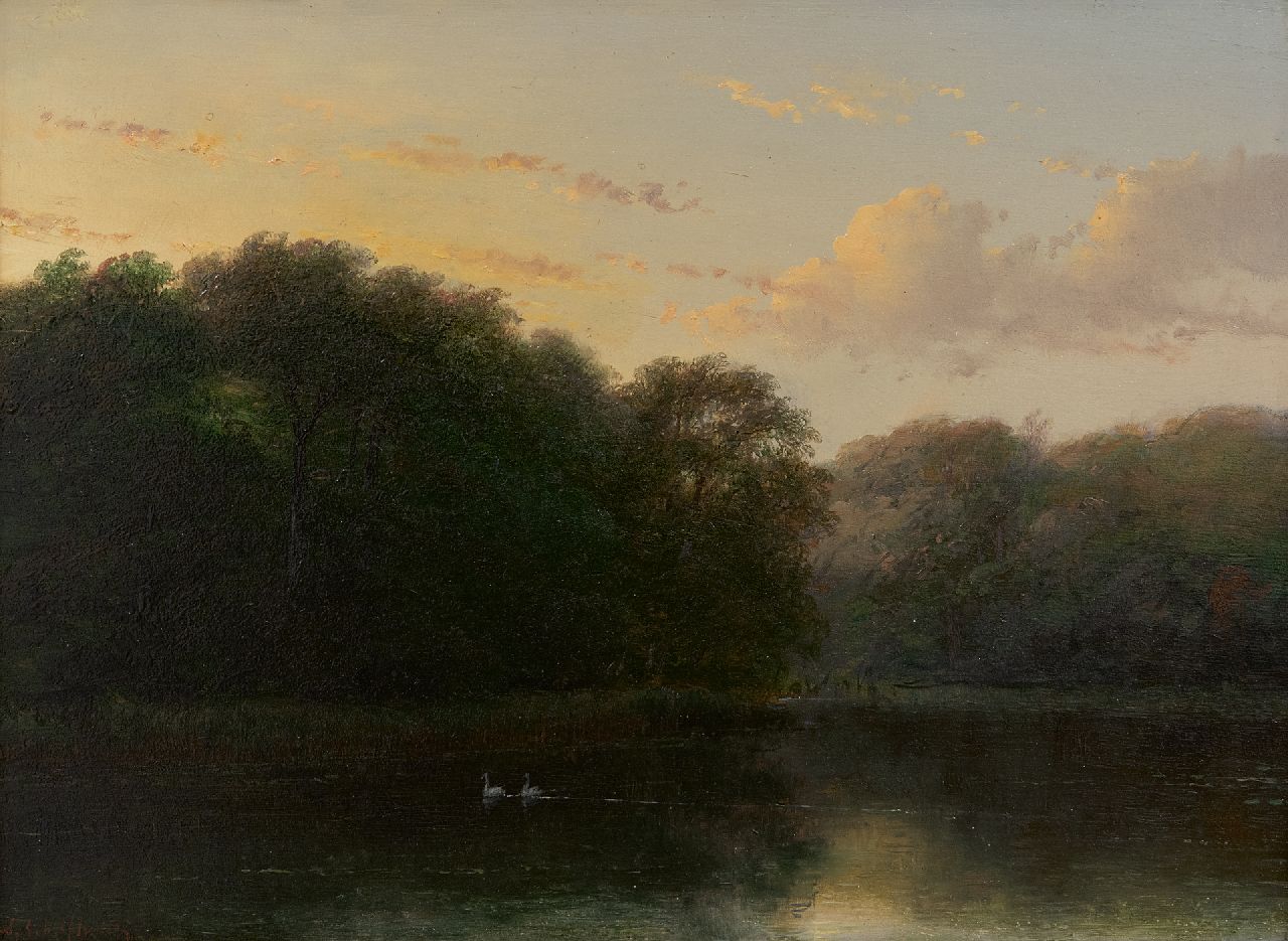 Schelfhout A. | Andreas Schelfhout, Twee zwanen in de vijver in het Haagse Bos, olieverf op paneel 24,0 x 32,6 cm, gesigneerd linksonder Schelfhout A. | Andreas Schelfhout, Twee zwanen in de vijver in het Haagse Bos, olieverf op paneel 24,0 x 32,6 cm, gesigneerd linksonder