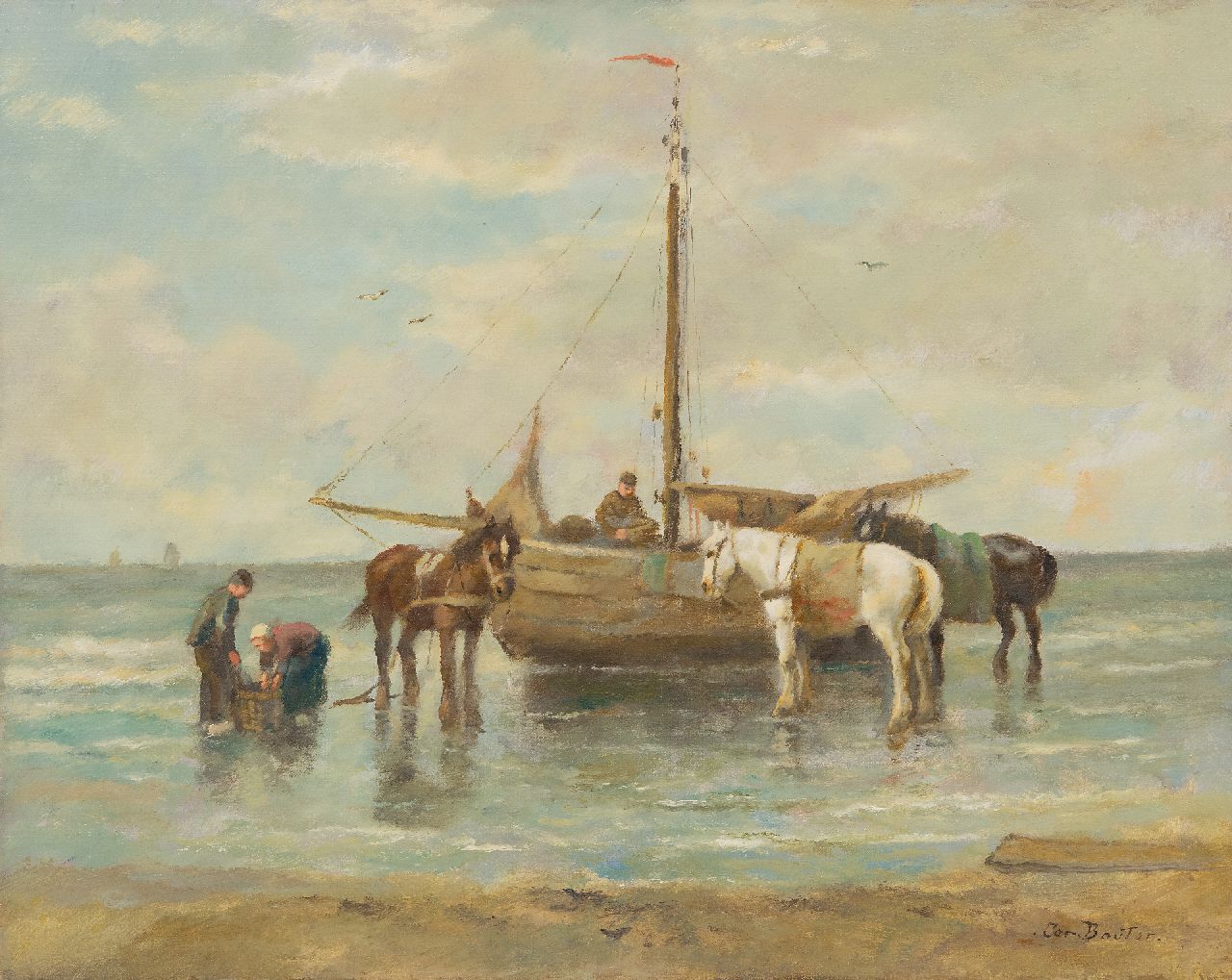 Bouter C.W. | Cornelis Wouter 'Cor' Bouter | Schilderijen te koop aangeboden | Terugkeer van de vangst, olieverf op doek 41,2 x 51,2 cm, gesigneerd rechtsonder en zonder lijst Bouter C.W. | Cornelis Wouter 'Cor' Bouter | Schilderijen te koop aangeboden | Terugkeer van de vangst, olieverf op doek 41,2 x 51,2 cm, gesigneerd rechtsonder en zonder lijst