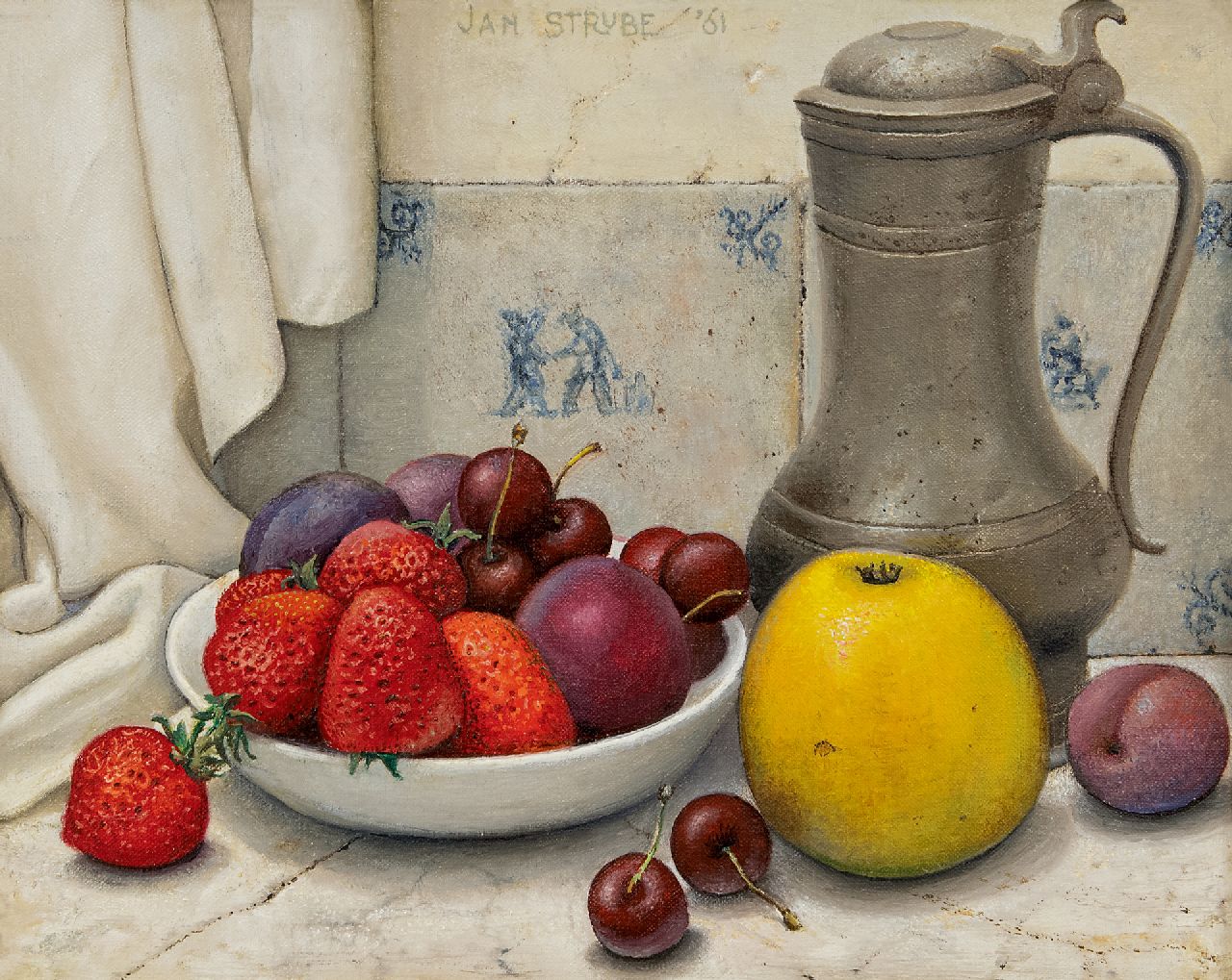 Strube J.H. | Johan Hendrik 'Jan' Strube, Stilleven met tinnen kan en fruit, olieverf op doek 24,2 x 30,4 cm, gesigneerd m.b. en gedateerd '61 Strube J.H. | Johan Hendrik 'Jan' Strube, Stilleven met tinnen kan en fruit, olieverf op doek 24,2 x 30,4 cm, gesigneerd m.b. en gedateerd '61