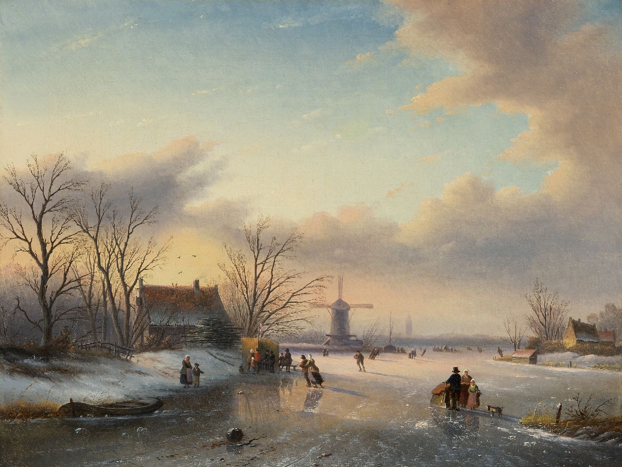 Spohler J.J.C. | Jacob Jan Coenraad Spohler, Winterlandschap met schaatsers (pendant van Zomers rivierlandschap), olieverf op doek 43,5 x 57,4 cm, gesigneerd linksonder en gedateerd '57 Spohler J.J.C. | Jacob Jan Coenraad Spohler, Winterlandschap met schaatsers (pendant van Zomers rivierlandschap), olieverf op doek 43,5 x 57,4 cm, gesigneerd linksonder en gedateerd '57