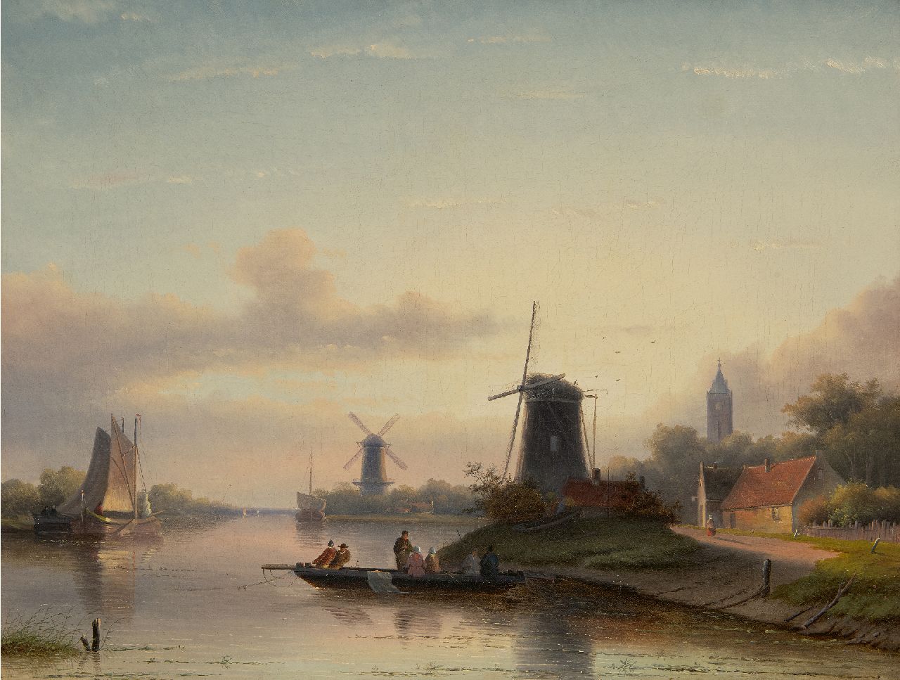 Spohler J.J.C. | Jacob Jan Coenraad Spohler, Zomers rivierlandschap met overzetveer (pendant van Winterlandschap), olieverf op doek 43,8 x 58,0 cm, gesigneerd rechtsonder en gedateerd 1857 Spohler J.J.C. | Jacob Jan Coenraad Spohler, Zomers rivierlandschap met overzetveer (pendant van Winterlandschap), olieverf op doek 43,8 x 58,0 cm, gesigneerd rechtsonder en gedateerd 1857