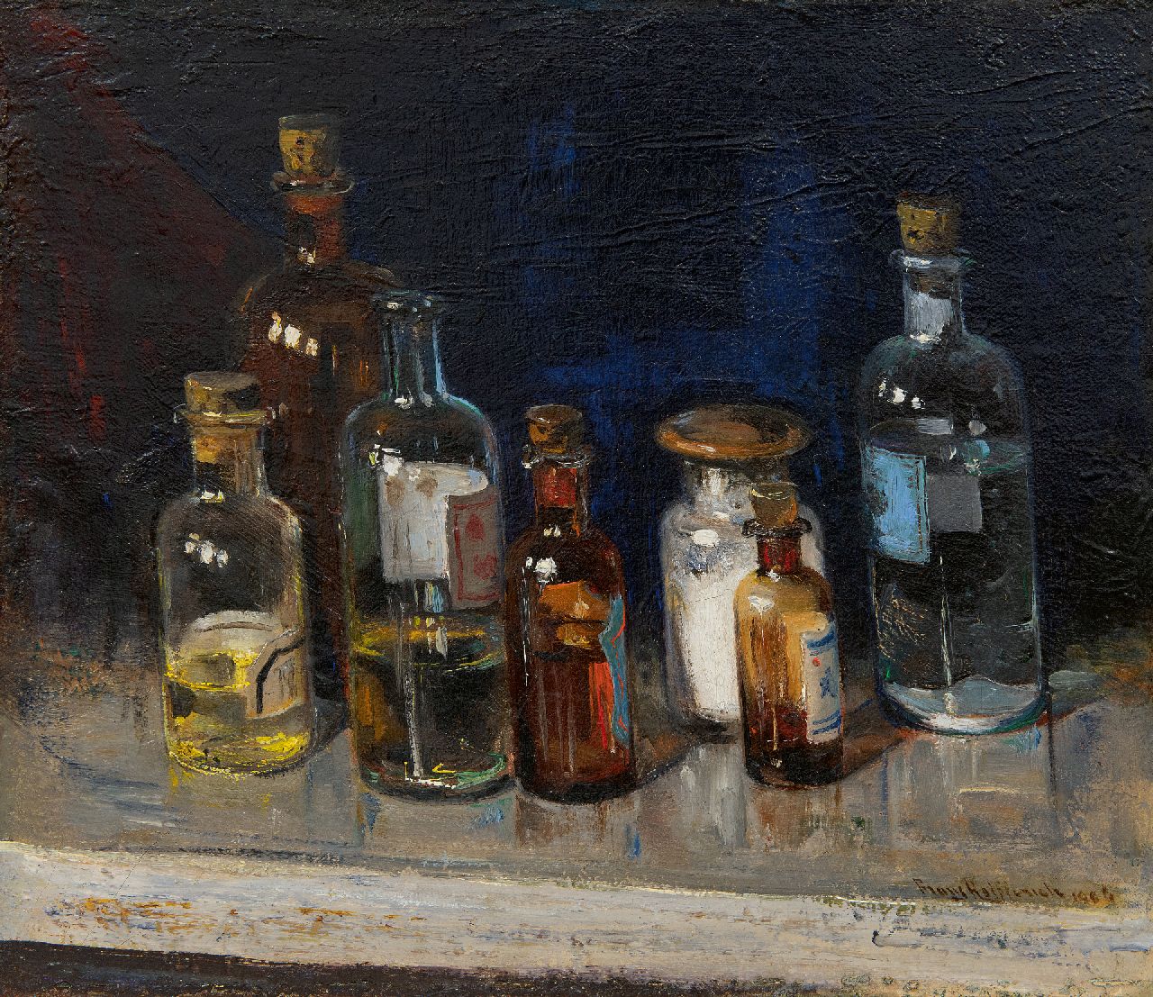 Helfferich F.W.  | Franciscus Willem 'Frans' Helfferich, Stilleven met flessen, olieverf op doek 30,2 x 34,5 cm, gesigneerd rechtsonder en gedateerd 1906