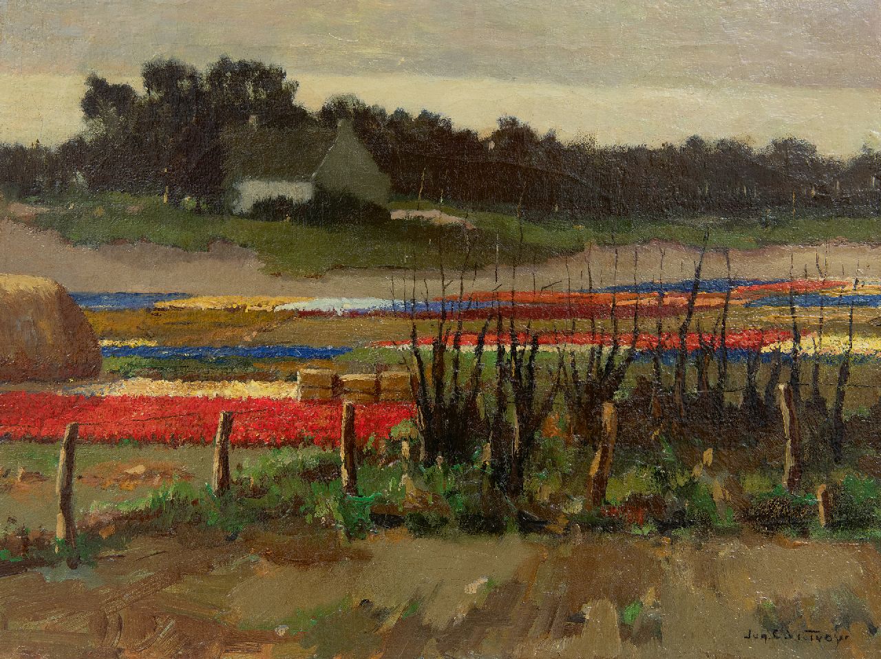 Hollandse School, begin 20e eeuw | Bollenvelden, olieverf op doek, 30,5 x 40,4 cm, gesigneerd r.o. (onduidelijk)