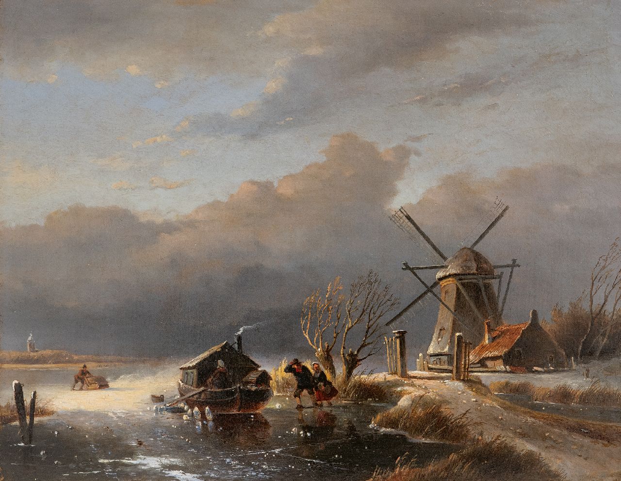 Cornelis Petrus 't Hoen | IJsgezicht met figuren en vastgevroren schuit, olieverf op paneel, 35,4 x 44,9 cm, zonder lijst Cornelis Petrus 't Hoen | IJsgezicht met figuren en vastgevroren schuit, olieverf op paneel, 35,4 x 44,9 cm, zonder lijst