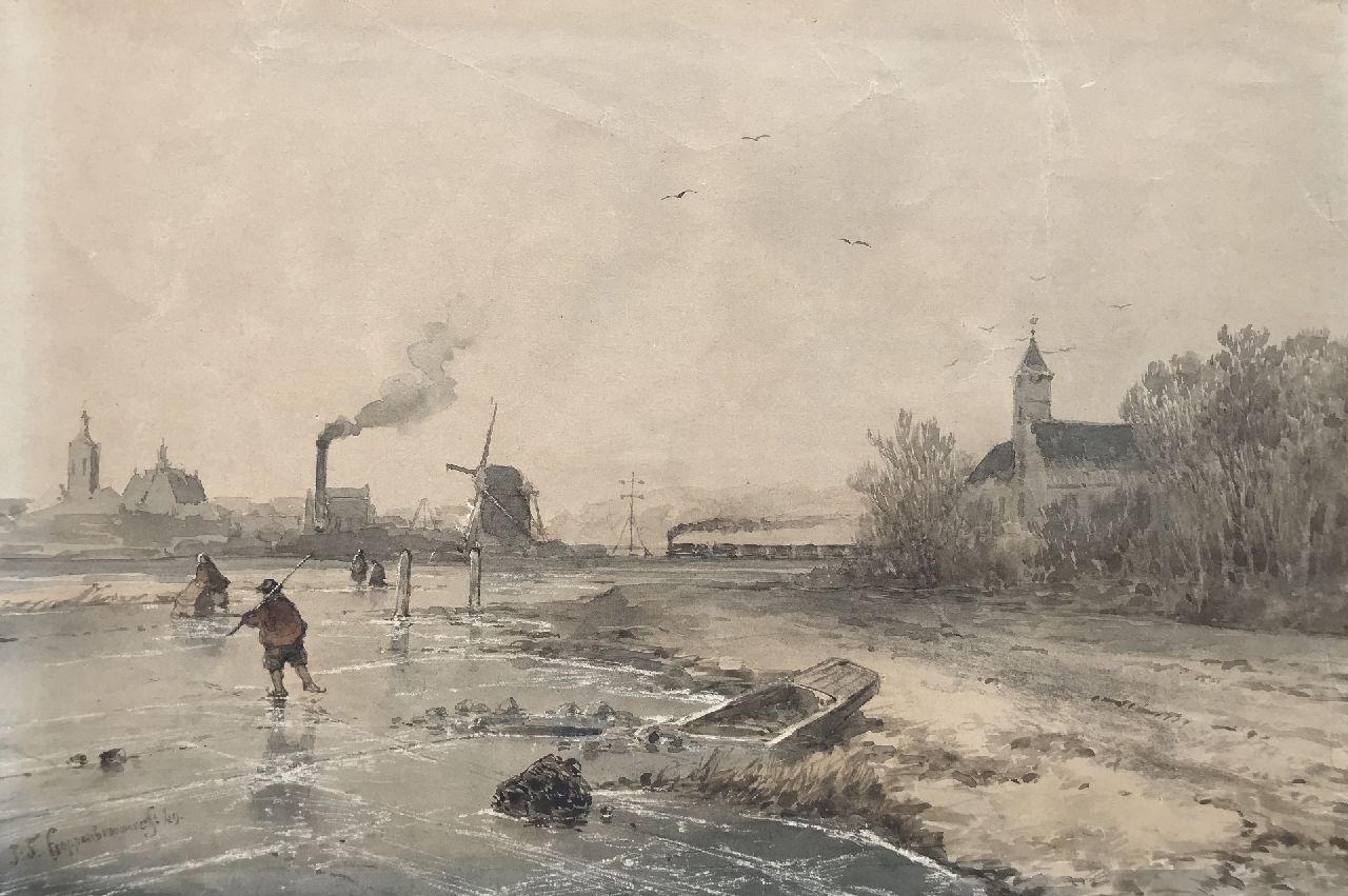 Hoppenbrouwers J.F.  | Johannes Franciscus Hoppenbrouwers | Aquarellen en tekeningen te koop aangeboden | Winterlandschap met spoorlijn bij Den Haag, penseel en inkt op papier 18,8 x 27,9 cm, gesigneerd linksonder en gedateerd '49