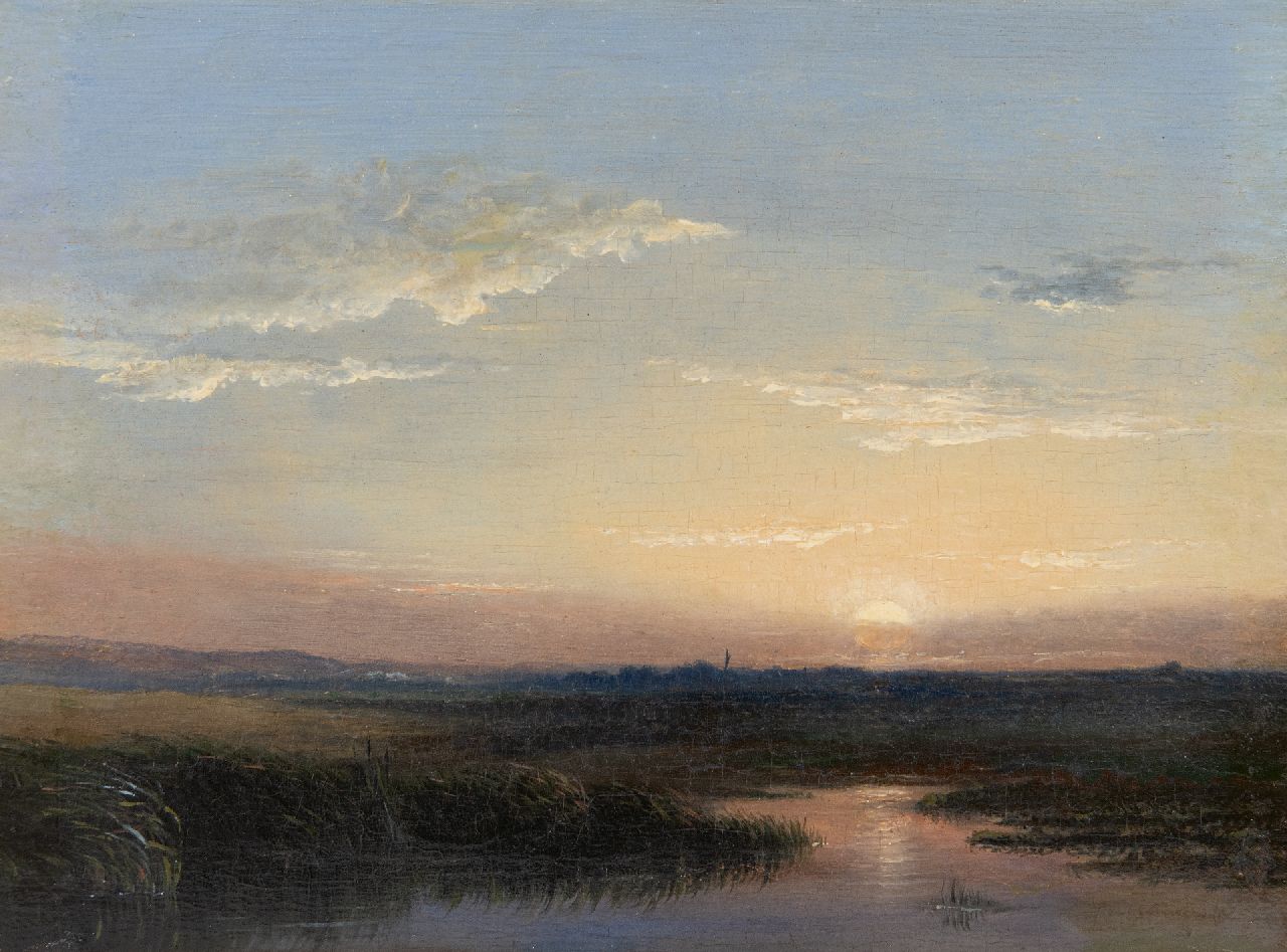 Hoppenbrouwers J.F.  | Johannes Franciscus Hoppenbrouwers | Schilderijen te koop aangeboden | Zonsondergang, olieverf op paneel 18,2 x 24,1 cm, gesigneerd rechtsonder