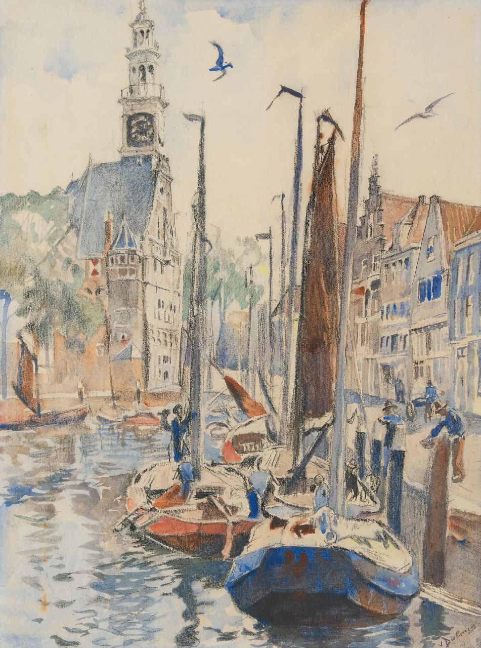 Dülmen Krumpelmann E.B. von | Erasmus Bernhard von Dülmen Krumpelmann | Aquarellen en tekeningen te koop aangeboden | De haven van Hoorn, zwart krijt en aquarel op papier 75,8 x 57,0 cm, gesigneerd rechtsonder