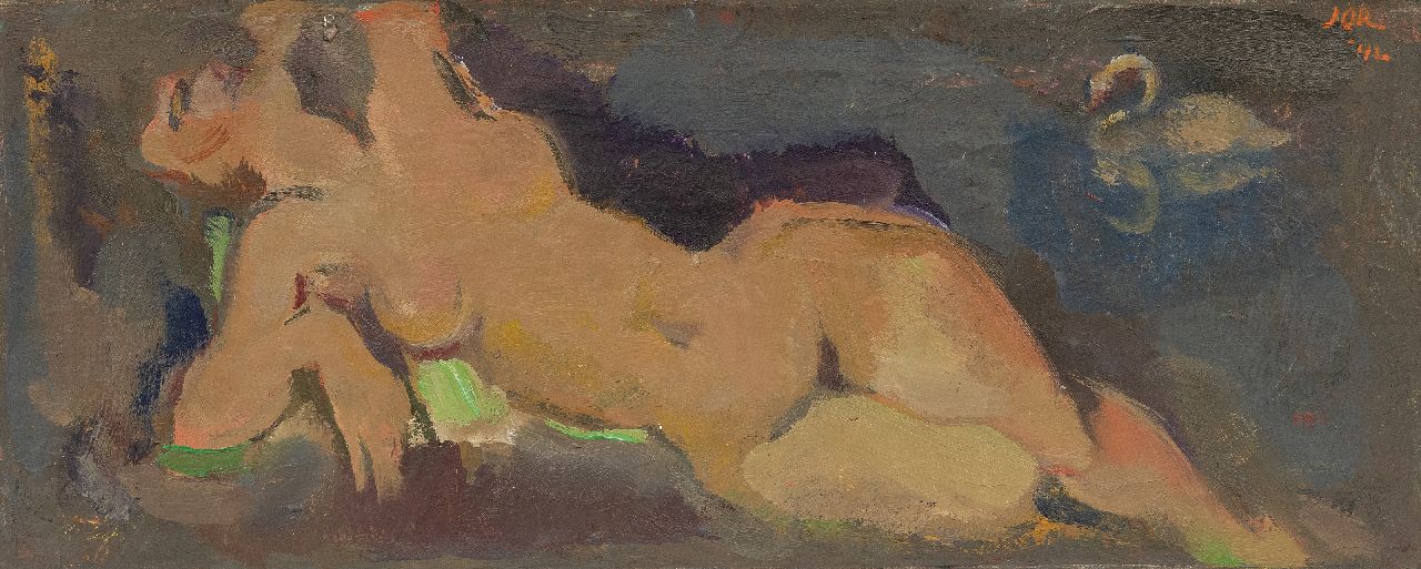 Jordens J.G. | 'Jan' Gerrit Jordens, Liggend naakt (Leda en de zwaan), olieverf op doek 20,9 x 50,6 cm, gesigneerd rechtsboven en gedateerd '42 Jordens J.G. | 'Jan' Gerrit Jordens, Liggend naakt (Leda en de zwaan), olieverf op doek 20,9 x 50,6 cm, gesigneerd rechtsboven en gedateerd '42