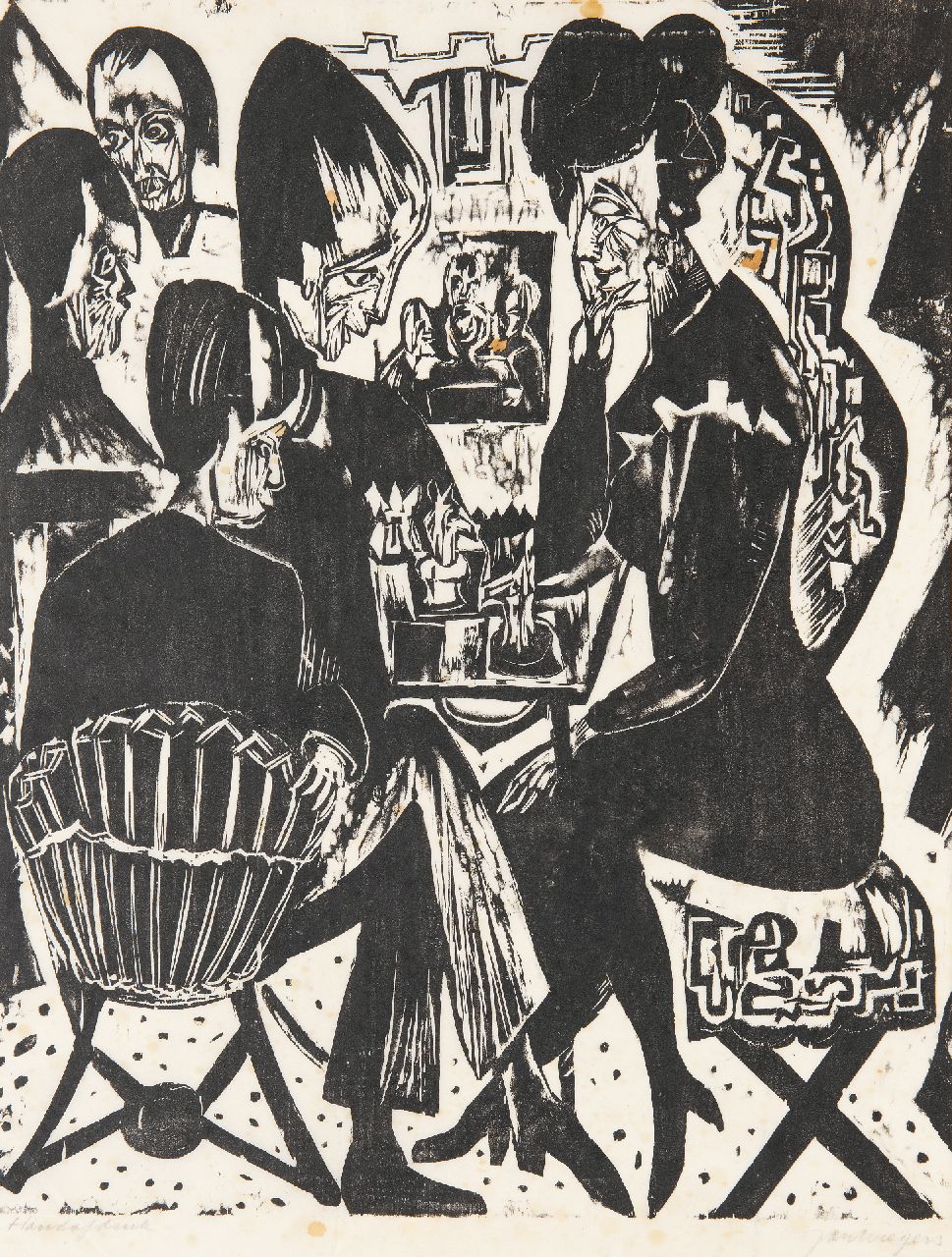 Wiegers J.  | Jan Wiegers | Grafiek te koop aangeboden | Schaakspelers, houtsnede op Japans papier 61,5 x 49,8 cm, gesigneerd rechtsonder (in potlood) en te dateren ca. 1920