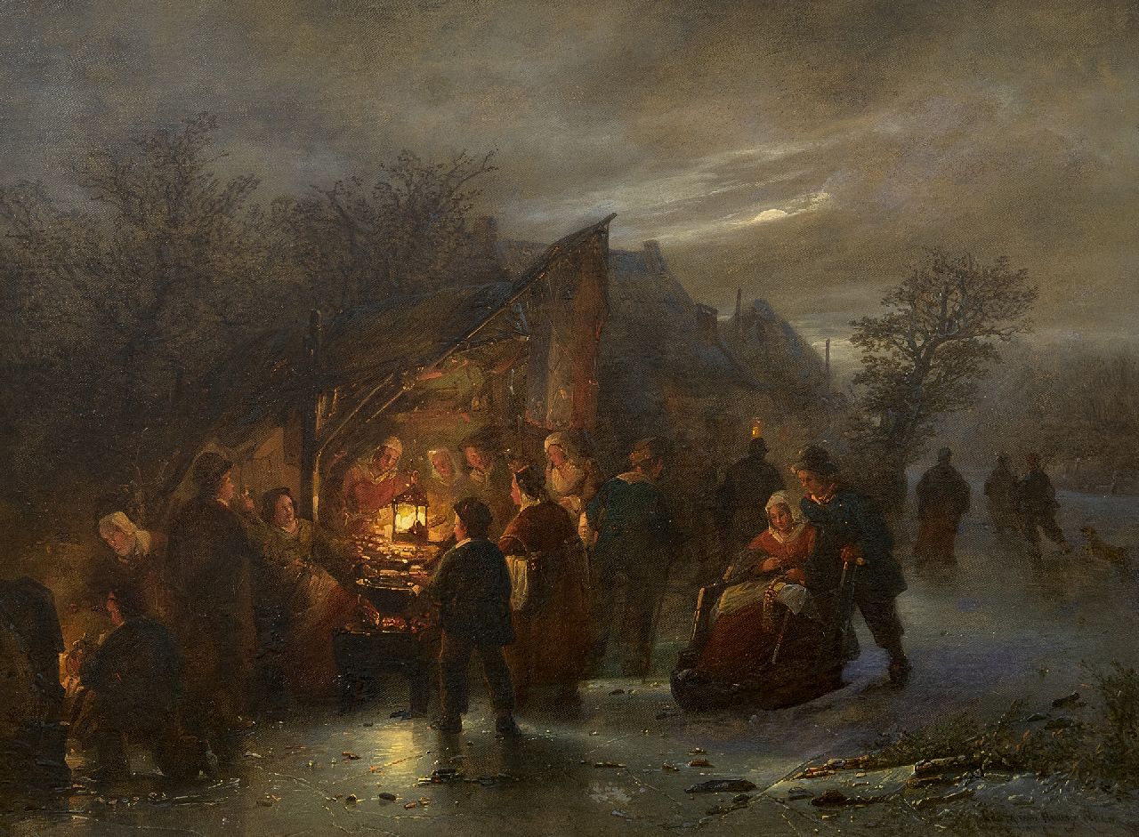 Haanen G.G. | George Gillis Haanen | Schilderijen te koop aangeboden | Avondlijk ijsvermaak bij een koek-en-zopie, olieverf op doek 45,2 x 60,3 cm, gesigneerd rechtsonder en zonder lijst Haanen G.G. | George Gillis Haanen | Schilderijen te koop aangeboden | Avondlijk ijsvermaak bij een koek-en-zopie, olieverf op doek 45,2 x 60,3 cm, gesigneerd rechtsonder en zonder lijst