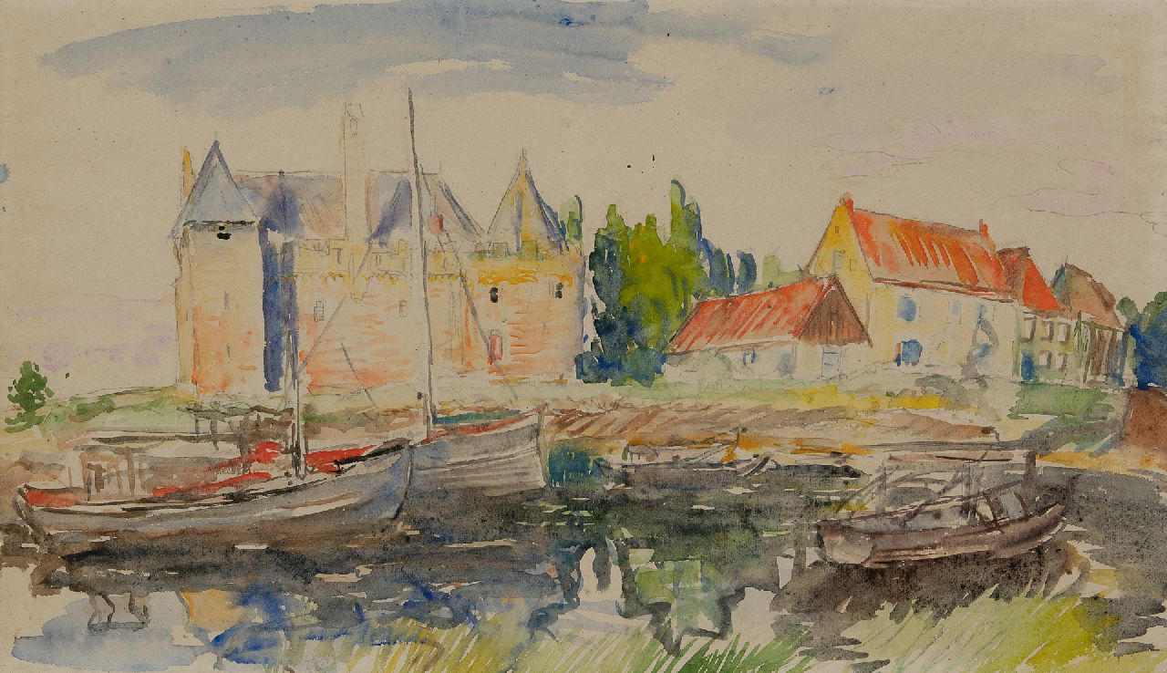 Dijkstra J.  | Johannes 'Johan' Dijkstra | Aquarellen en tekeningen te koop aangeboden | Gezicht op kasteel Radboud in Medemblik, aquarel op papier 38,0 x 66,0 cm